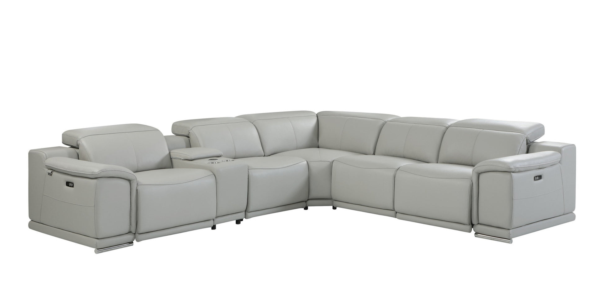 Light Gray Italian Leather Power Reclining U Shaped Six Piece Corner Sectional With Console-Sectionals-DECOROLALA