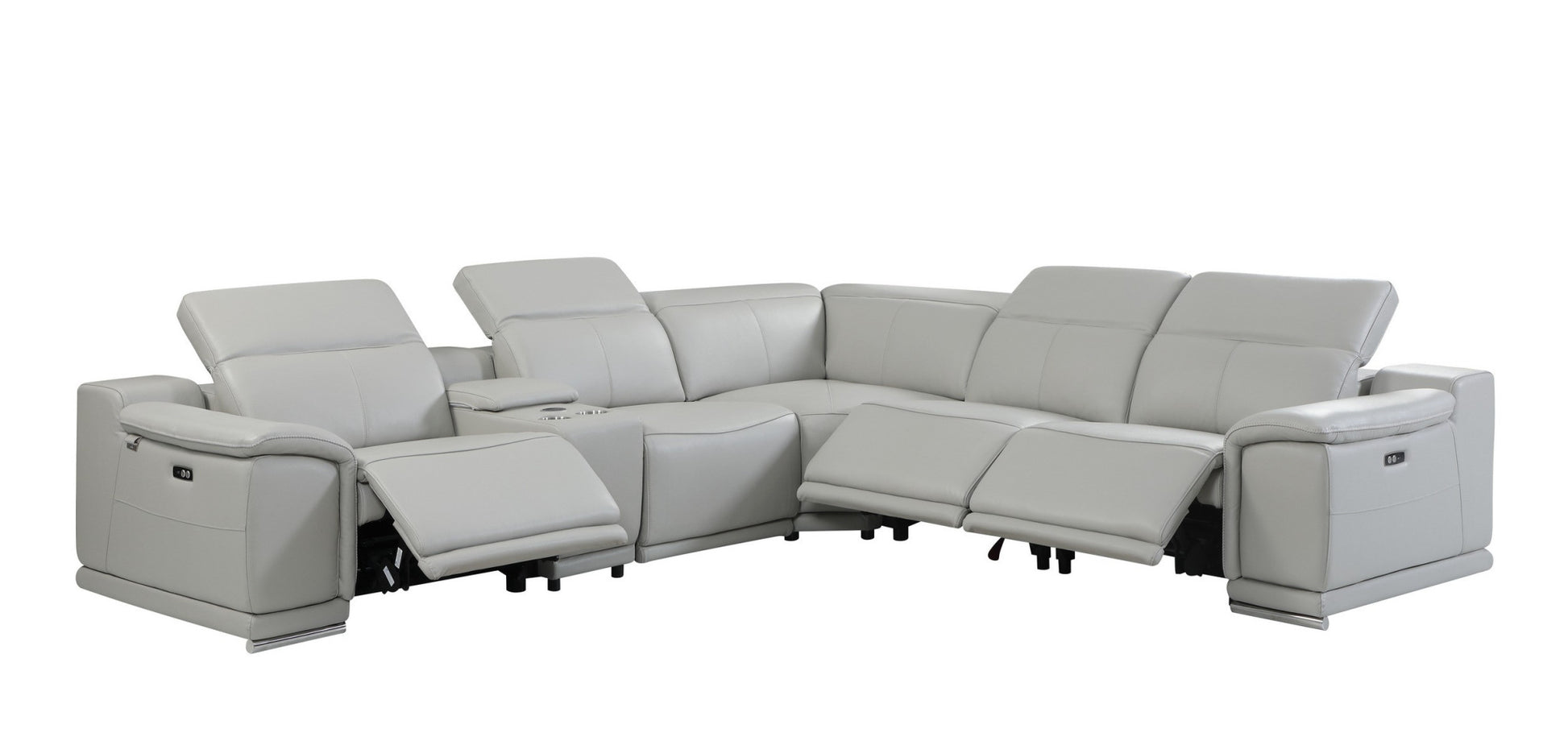 Light Gray Italian Leather Power Reclining U Shaped Six Piece Corner Sectional With Console-Sectionals-DECOROLALA