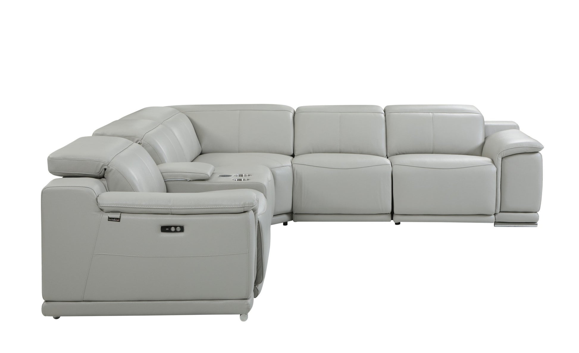 Light Gray Italian Leather Power Reclining U Shaped Six Piece Corner Sectional With Console-Sectionals-DECOROLALA