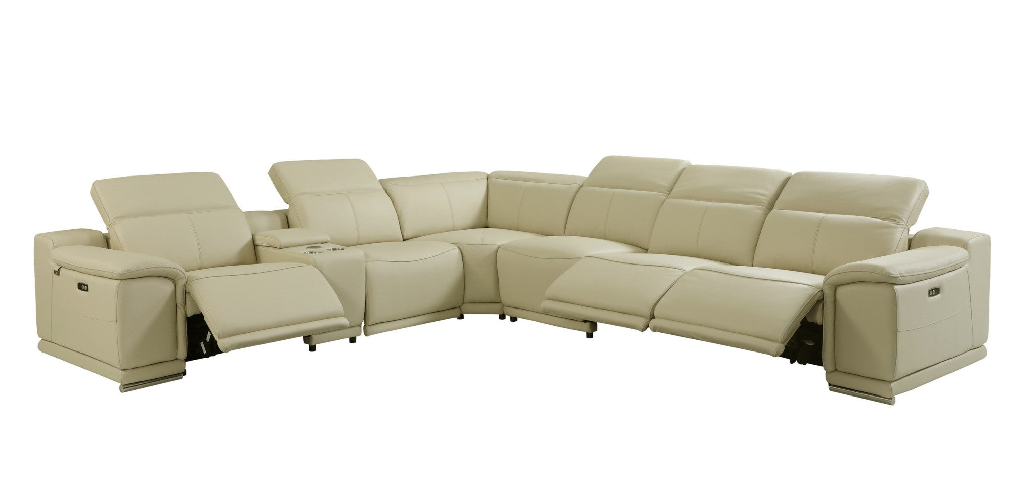 Beige Italian Leather Power Reclining U Shaped Seven Piece Corner Sectional With Console-Sectionals-DECOROLALA