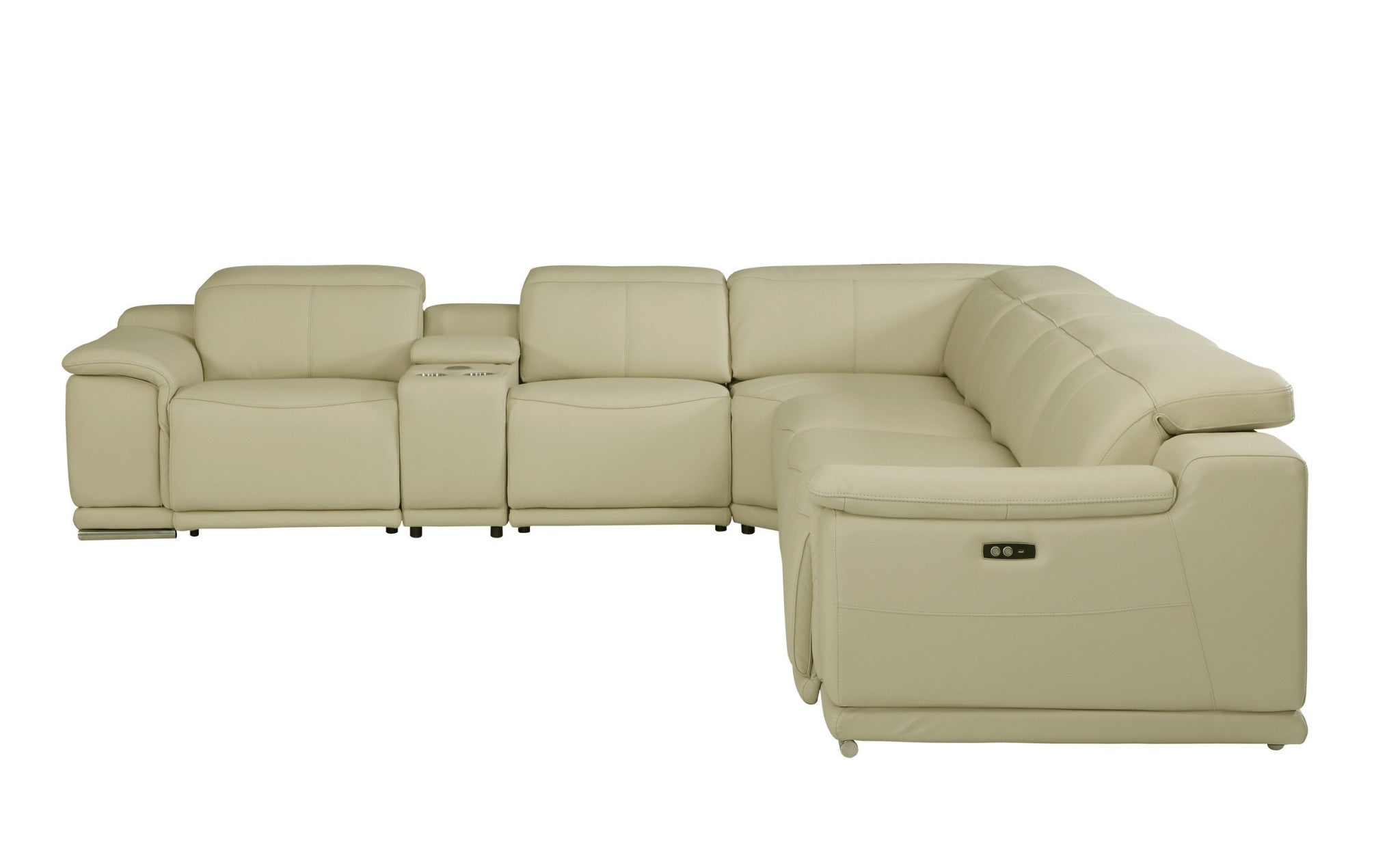 Beige Italian Leather Power Reclining U Shaped Seven Piece Corner Sectional With Console-Sectionals-DECOROLALA