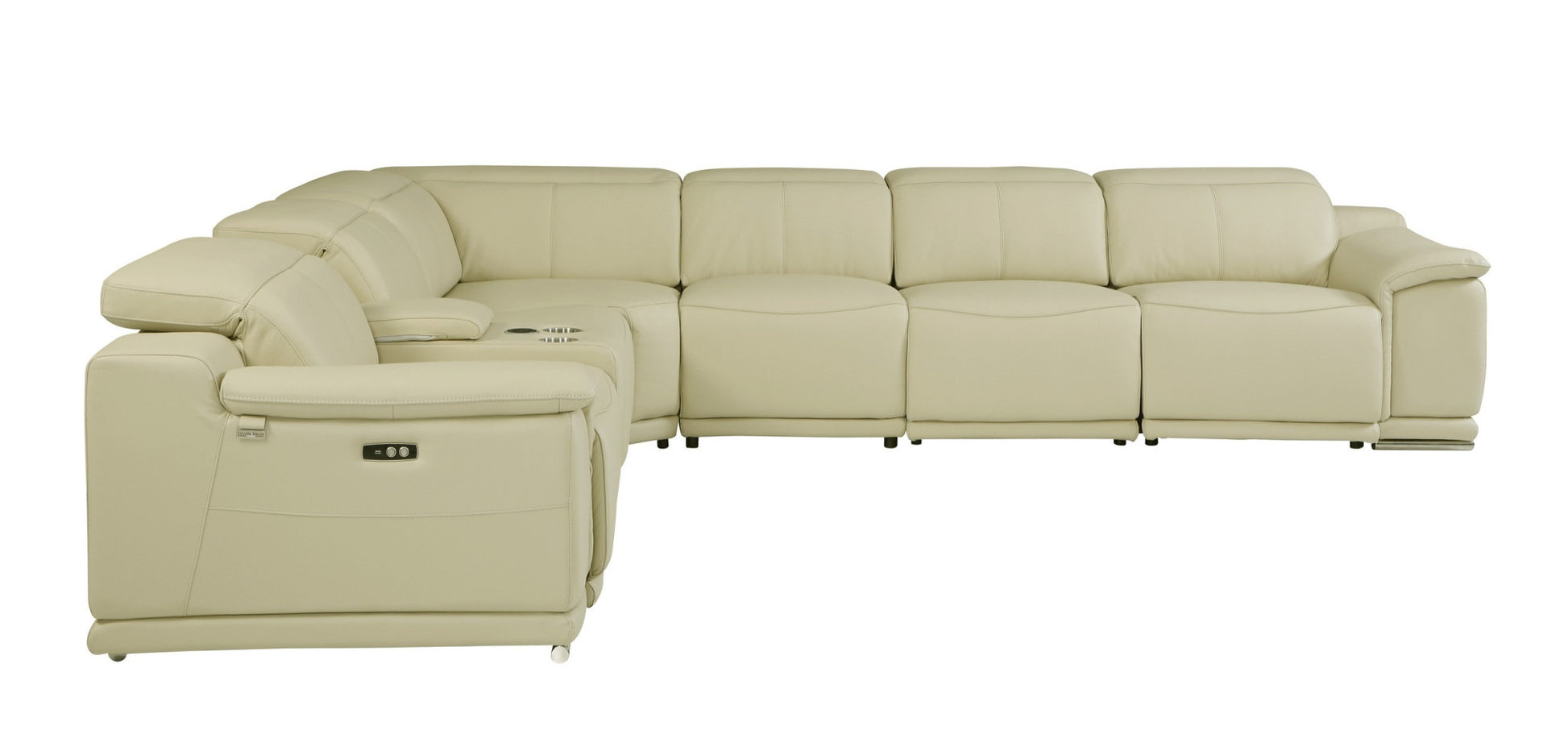 Beige Italian Leather Power Reclining U Shaped Seven Piece Corner Sectional With Console-Sectionals-DECOROLALA