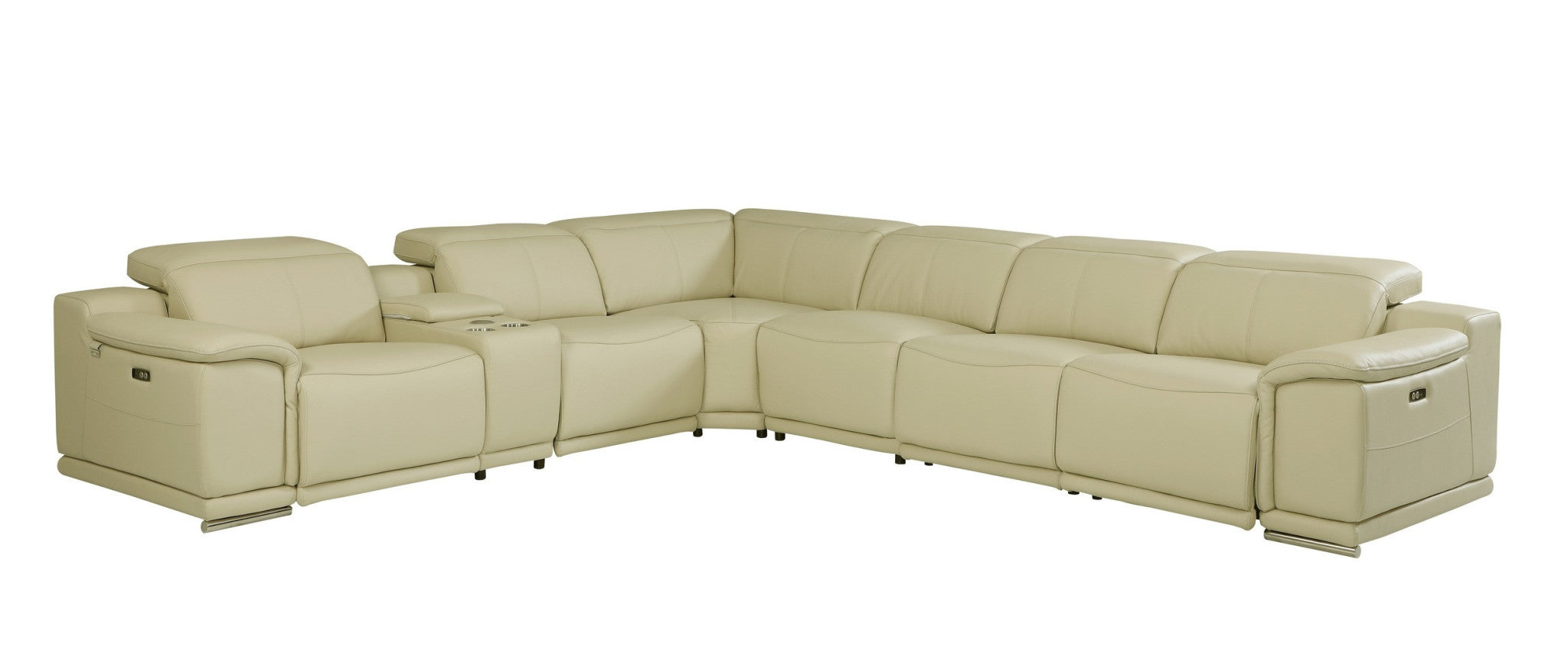 Beige Italian Leather Power Reclining U Shaped Seven Piece Corner Sectional With Console-Sectionals-DECOROLALA