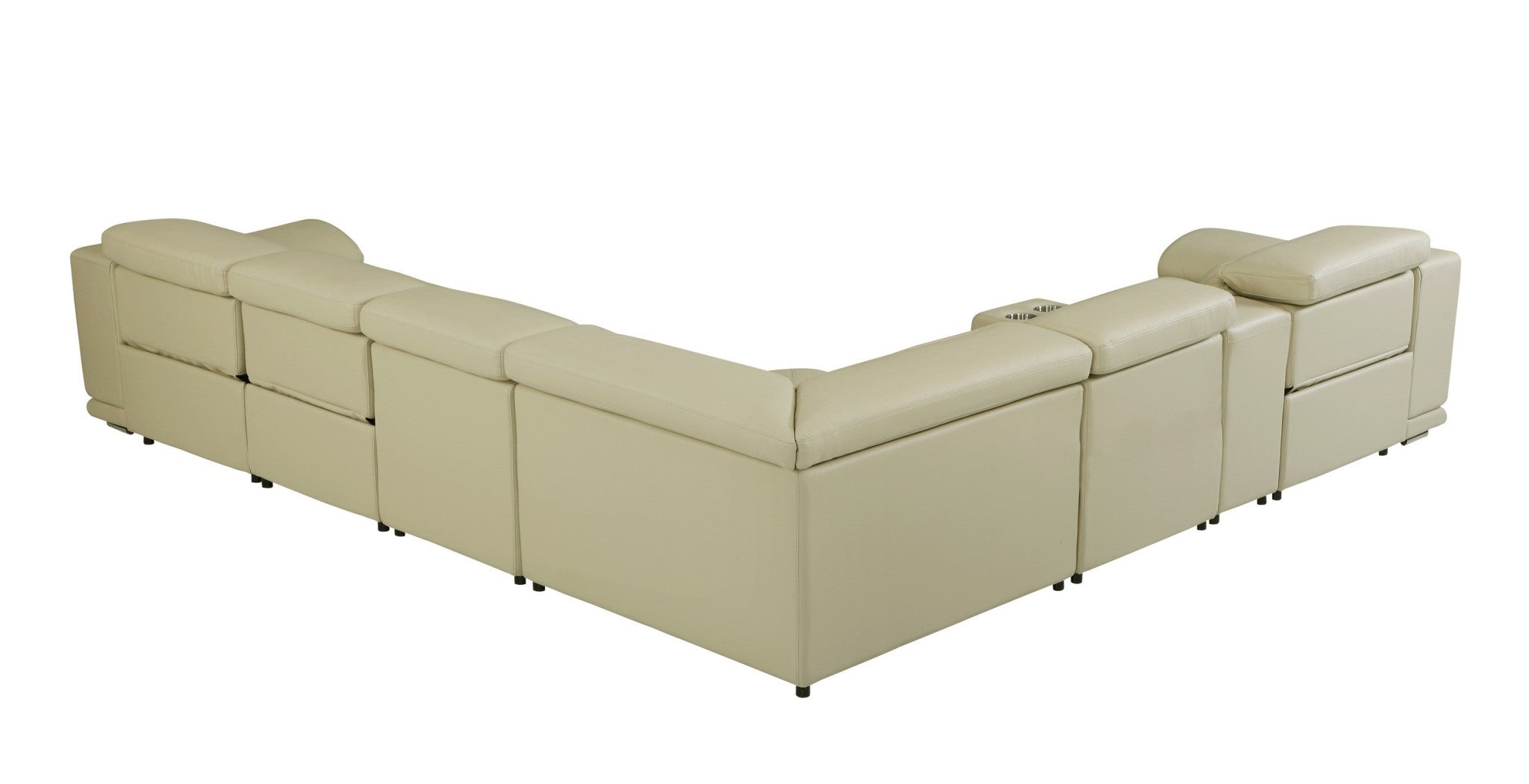 Beige Italian Leather Power Reclining U Shaped Seven Piece Corner Sectional With Console-Sectionals-DECOROLALA