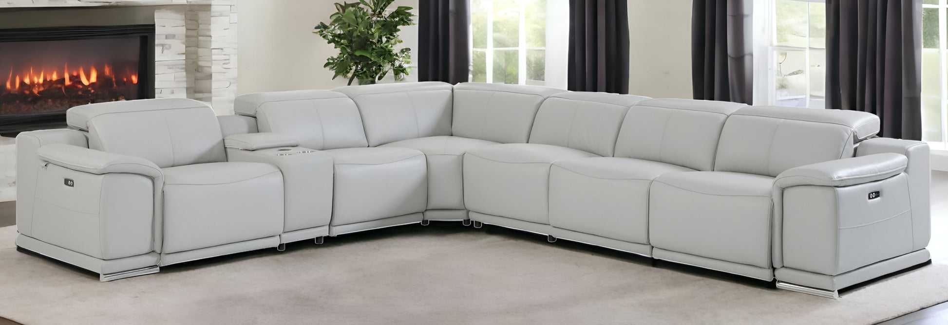 Light Gray Italian Leather Power Reclining U Shaped Seven Piece Corner Sectional With Console-Sectionals-DECOROLALA