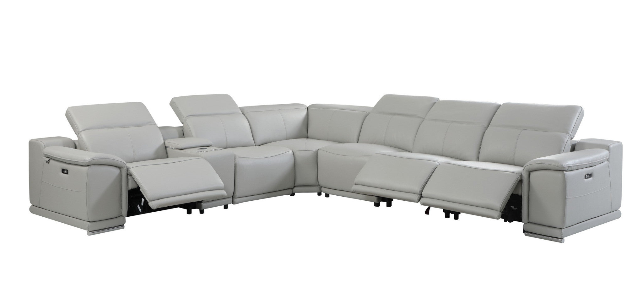 Light Gray Italian Leather Power Reclining U Shaped Seven Piece Corner Sectional With Console-Sectionals-DECOROLALA
