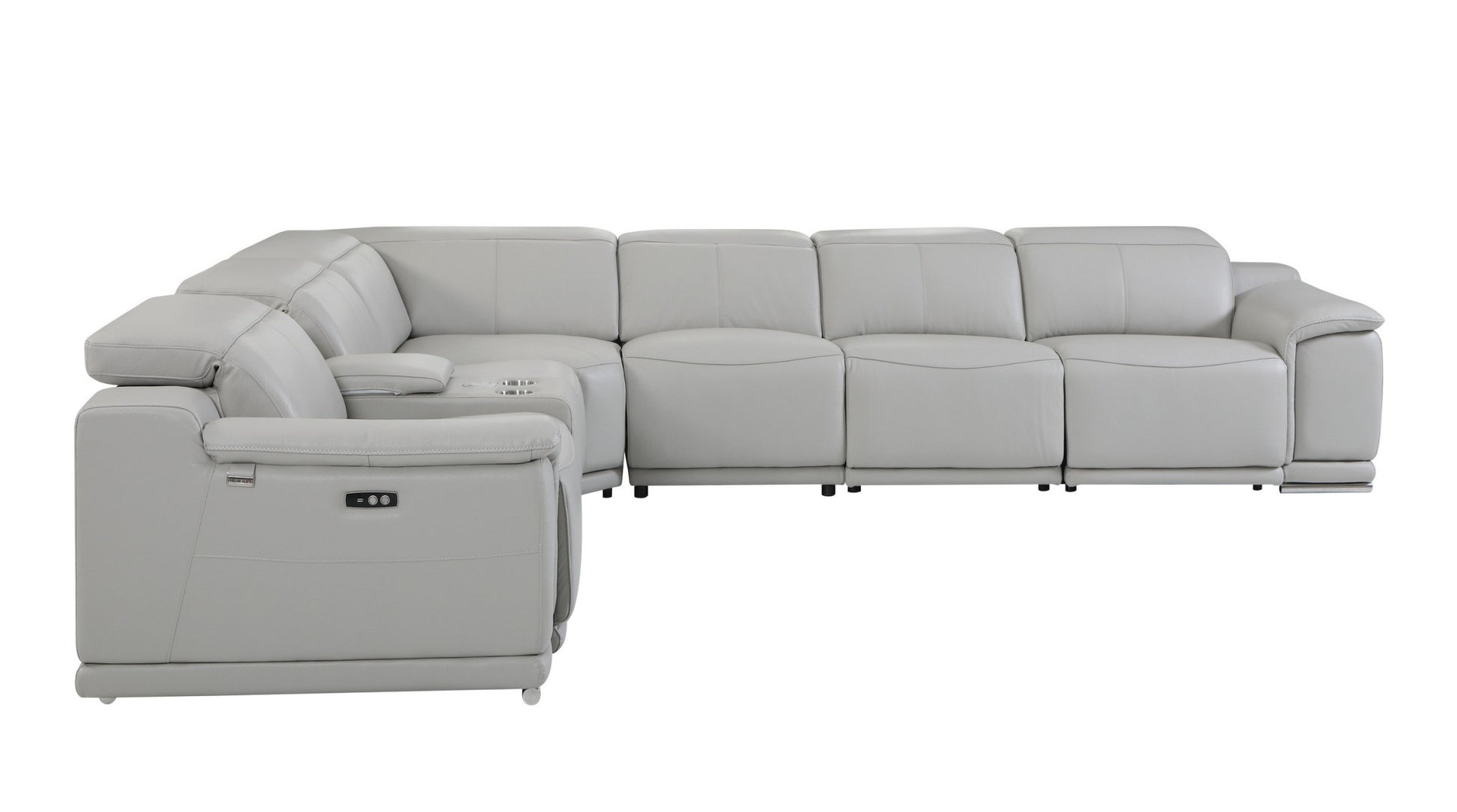 Light Gray Italian Leather Power Reclining U Shaped Seven Piece Corner Sectional With Console-Sectionals-DECOROLALA
