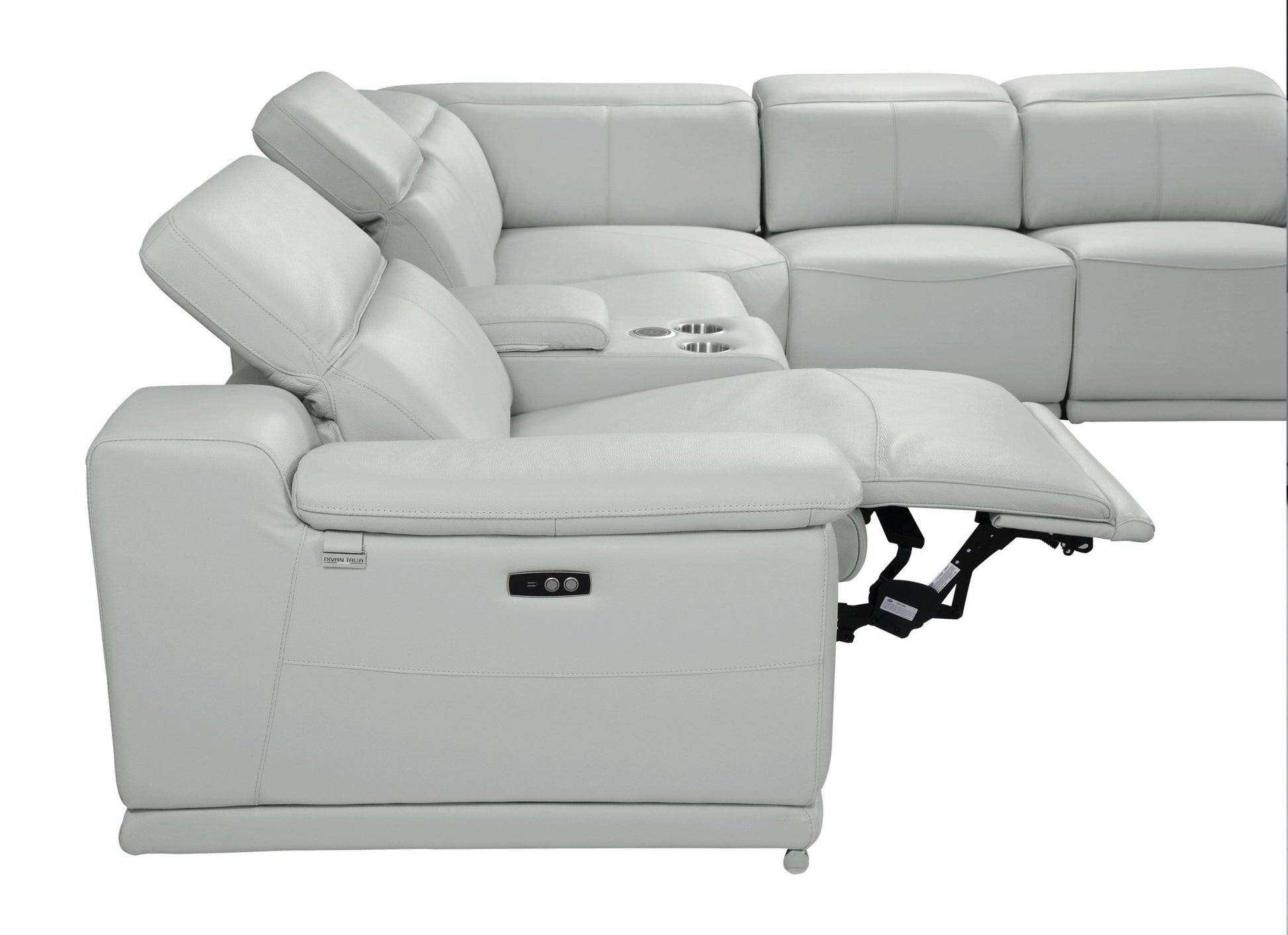 Light Gray Italian Leather Power Reclining U Shaped Seven Piece Corner Sectional With Console-Sectionals-DECOROLALA