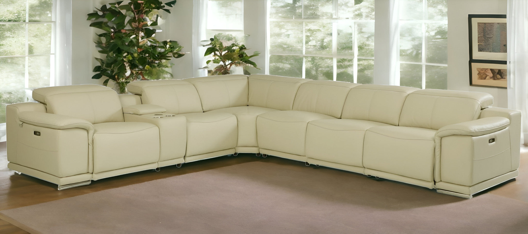 Beige Italian Leather Power Reclining U Shaped Seven Piece Corner Sectional With Console-Sectionals-DECOROLALA