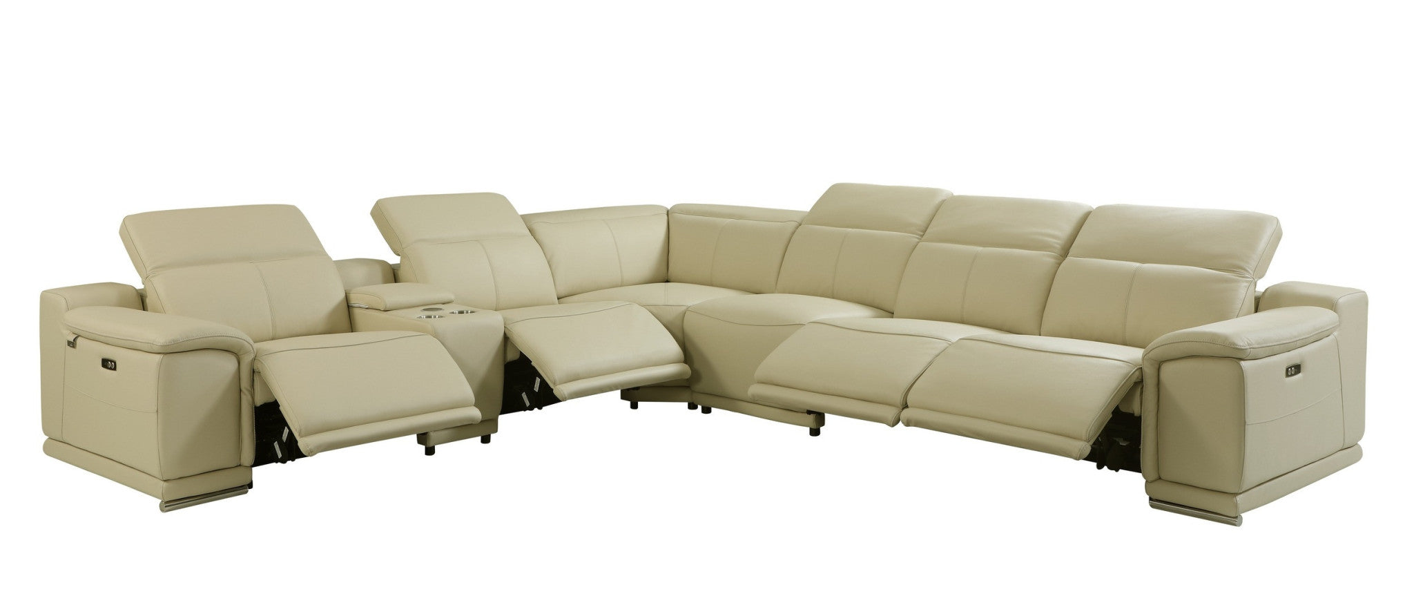 Beige Italian Leather Power Reclining U Shaped Seven Piece Corner Sectional With Console-Sectionals-DECOROLALA