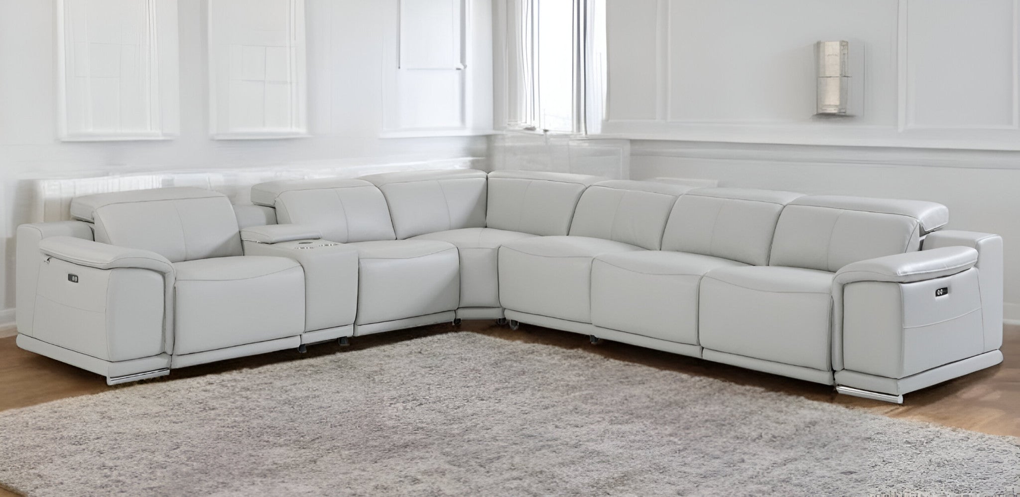 Light Gray Italian Leather Power Reclining U Shaped Seven Piece Corner Sectional With Console-Sectionals-DECOROLALA