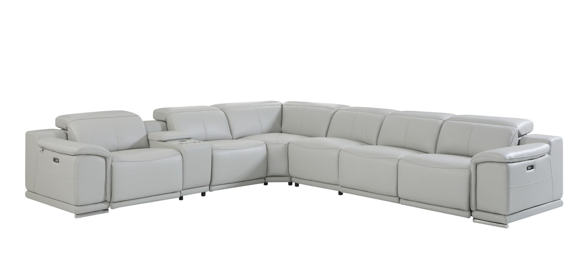 Light Gray Italian Leather Power Reclining U Shaped Seven Piece Corner Sectional With Console-Sectionals-DECOROLALA