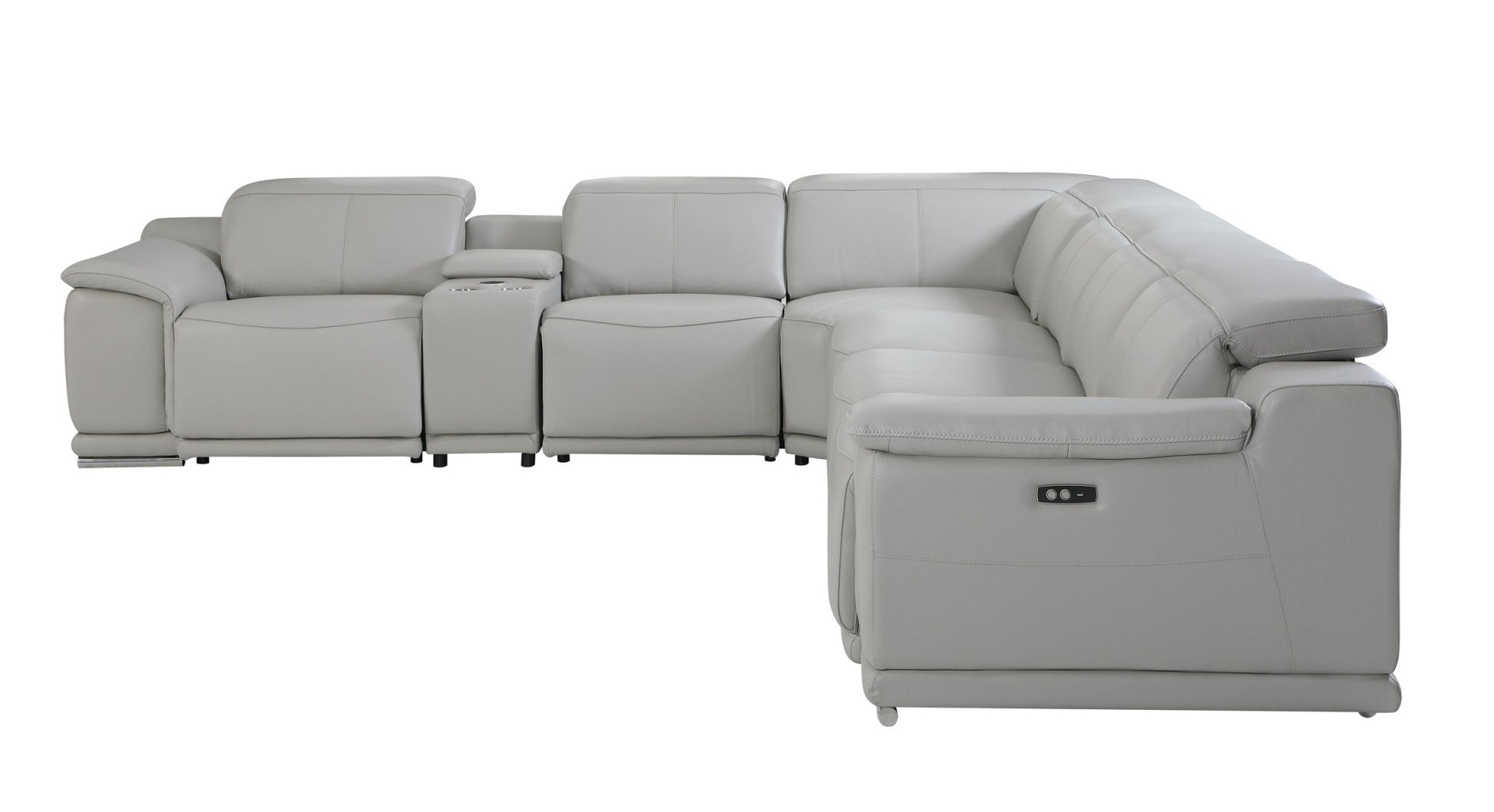 Light Gray Italian Leather Power Reclining U Shaped Seven Piece Corner Sectional With Console-Sectionals-DECOROLALA