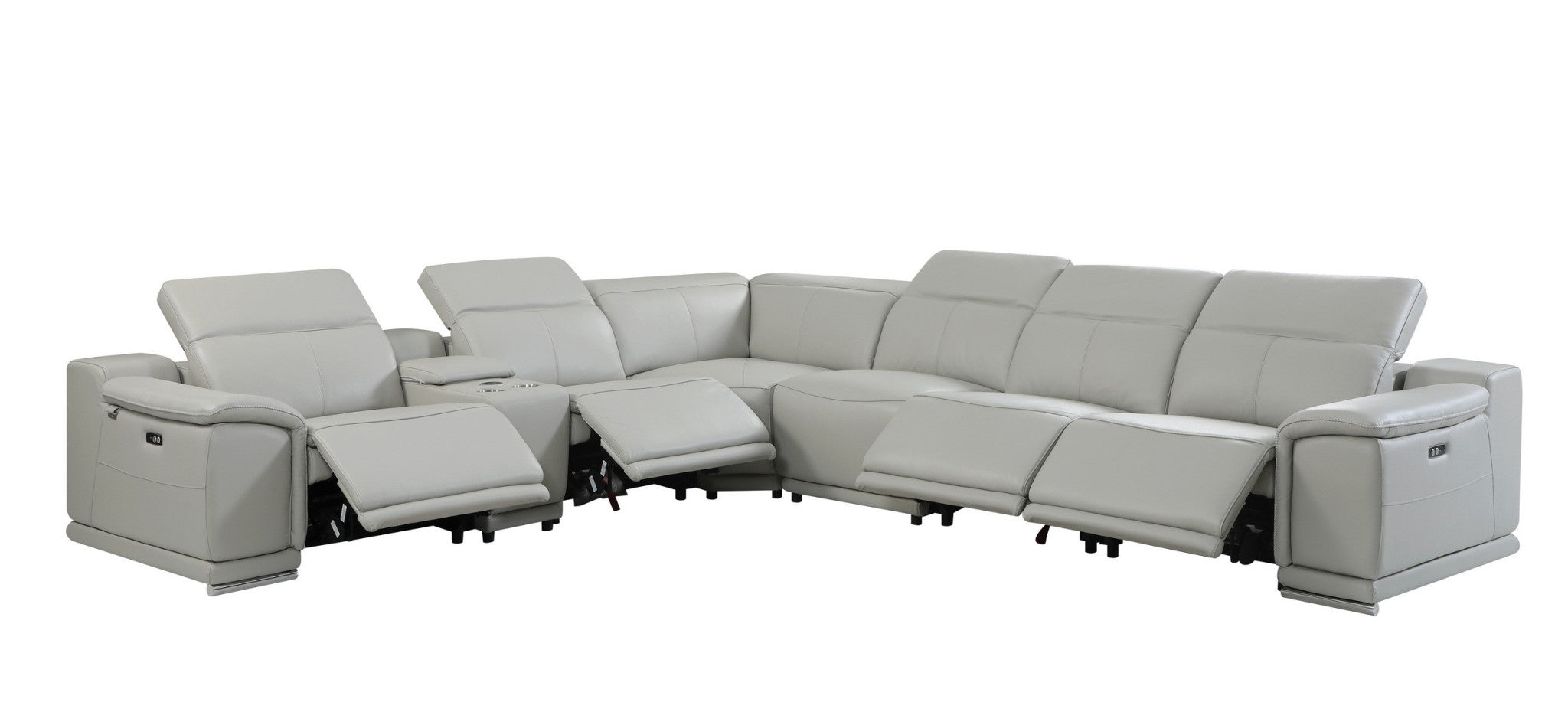Light Gray Italian Leather Power Reclining U Shaped Seven Piece Corner Sectional With Console-Sectionals-DECOROLALA