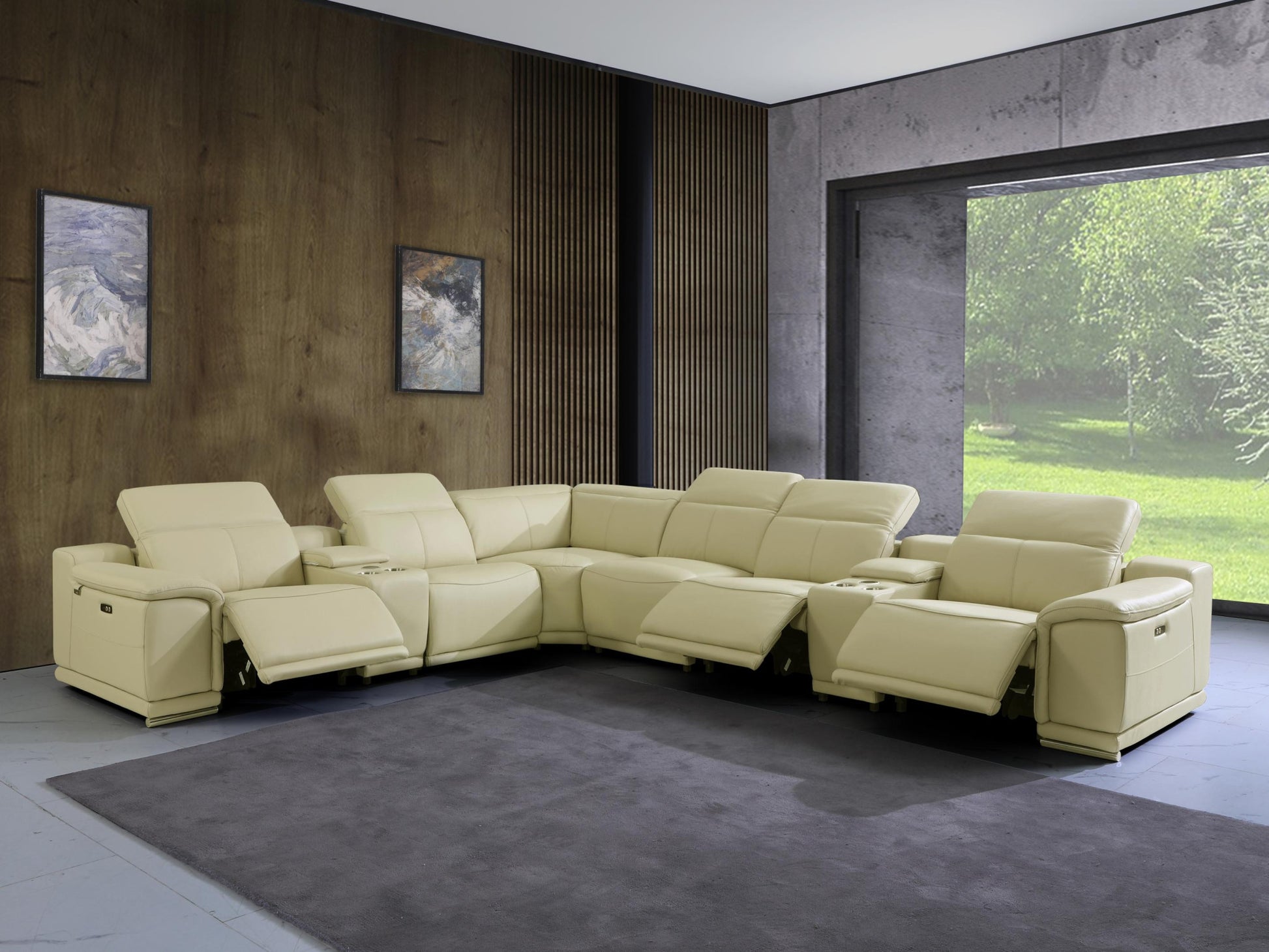 Beige Italian Leather Power Reclining U Shaped Eight Piece Corner Sectional With Console-Sectionals-DECOROLALA