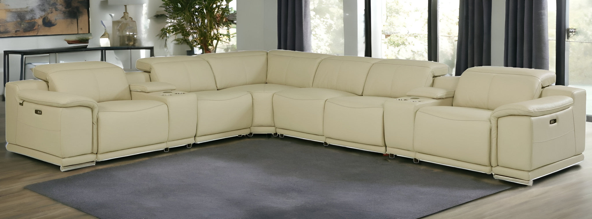 Beige Italian Leather Power Reclining U Shaped Eight Piece Corner Sectional With Console-Sectionals-DECOROLALA
