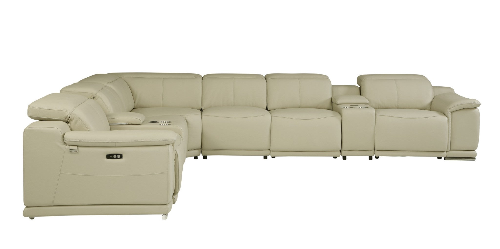 Beige Italian Leather Power Reclining U Shaped Eight Piece Corner Sectional With Console-Sectionals-DECOROLALA