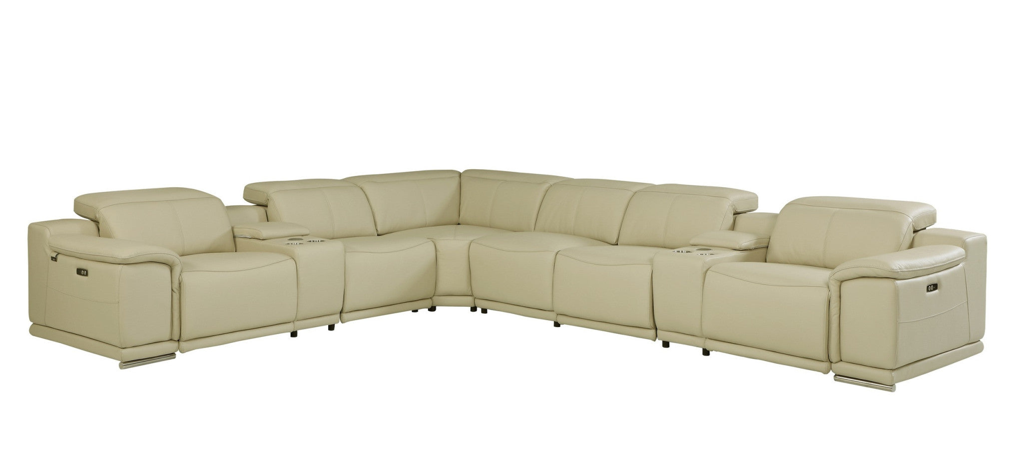 Beige Italian Leather Power Reclining U Shaped Eight Piece Corner Sectional With Console-Sectionals-DECOROLALA