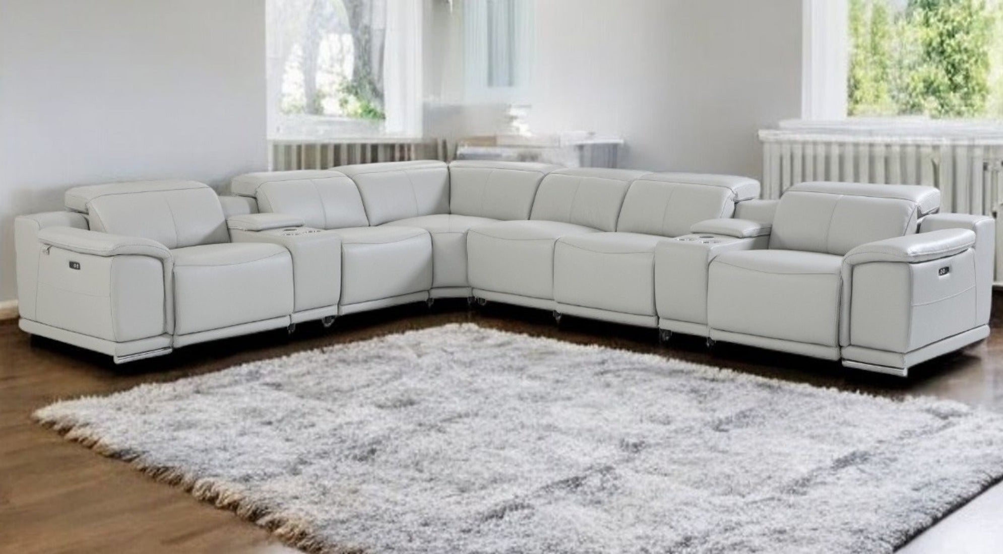 Light Gray Italian Leather Power Reclining U Shaped Eight Piece Corner Sectional With Console-Sectionals-DECOROLALA