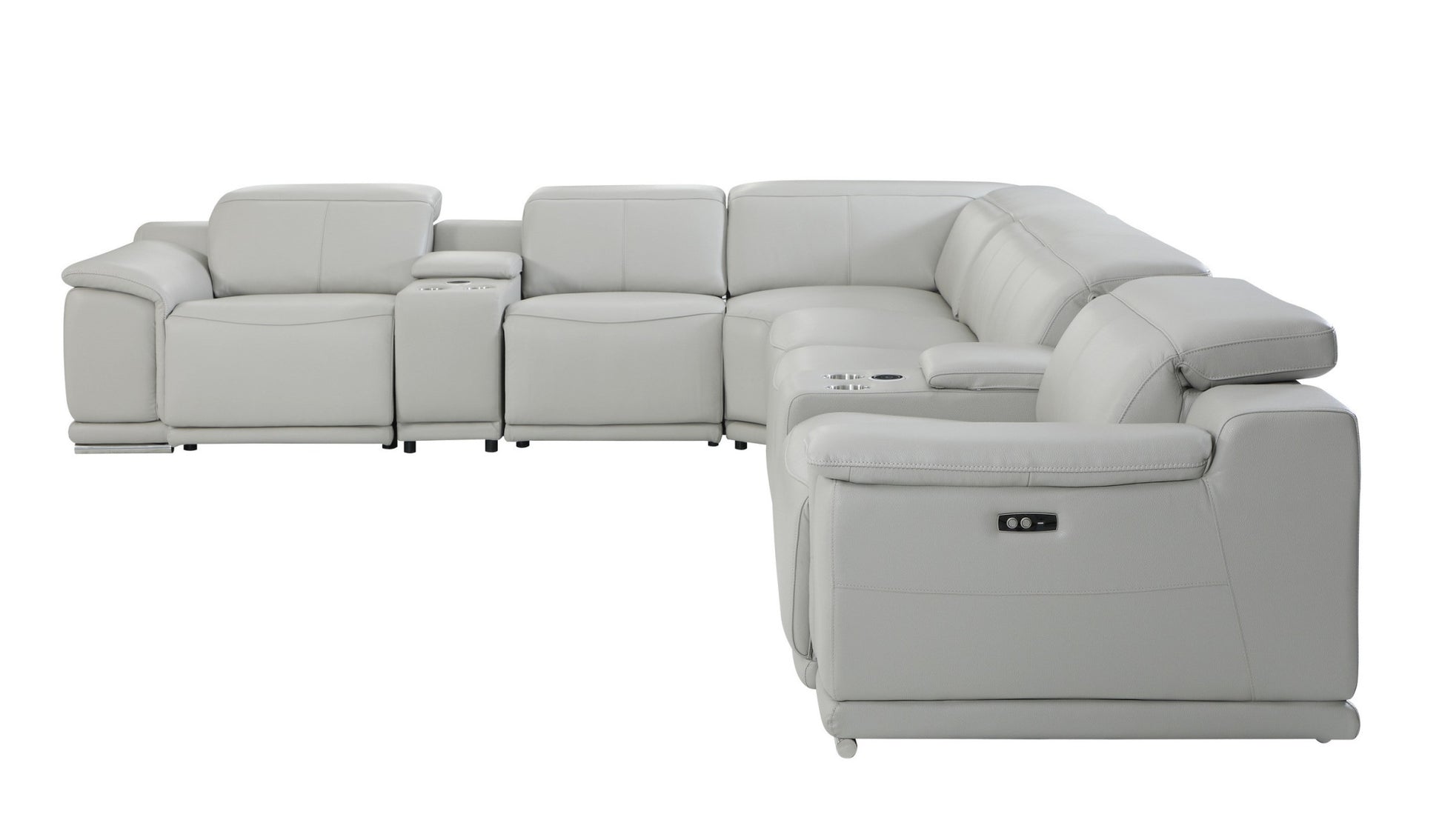 Light Gray Italian Leather Power Reclining U Shaped Eight Piece Corner Sectional With Console-Sectionals-DECOROLALA