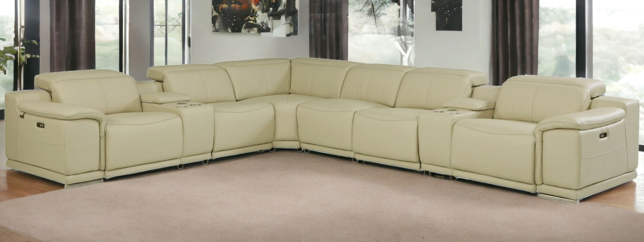 Beige Italian Leather Power Reclining U Shaped Eight Piece Corner Sectional With Console-Sectionals-DECOROLALA