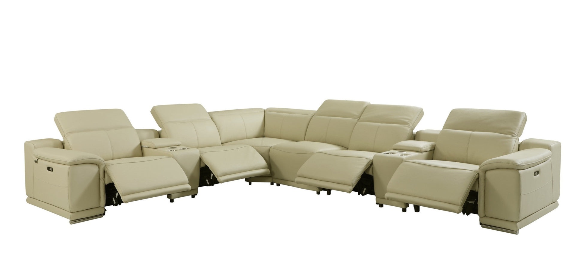 Beige Italian Leather Power Reclining U Shaped Eight Piece Corner Sectional With Console-Sectionals-DECOROLALA