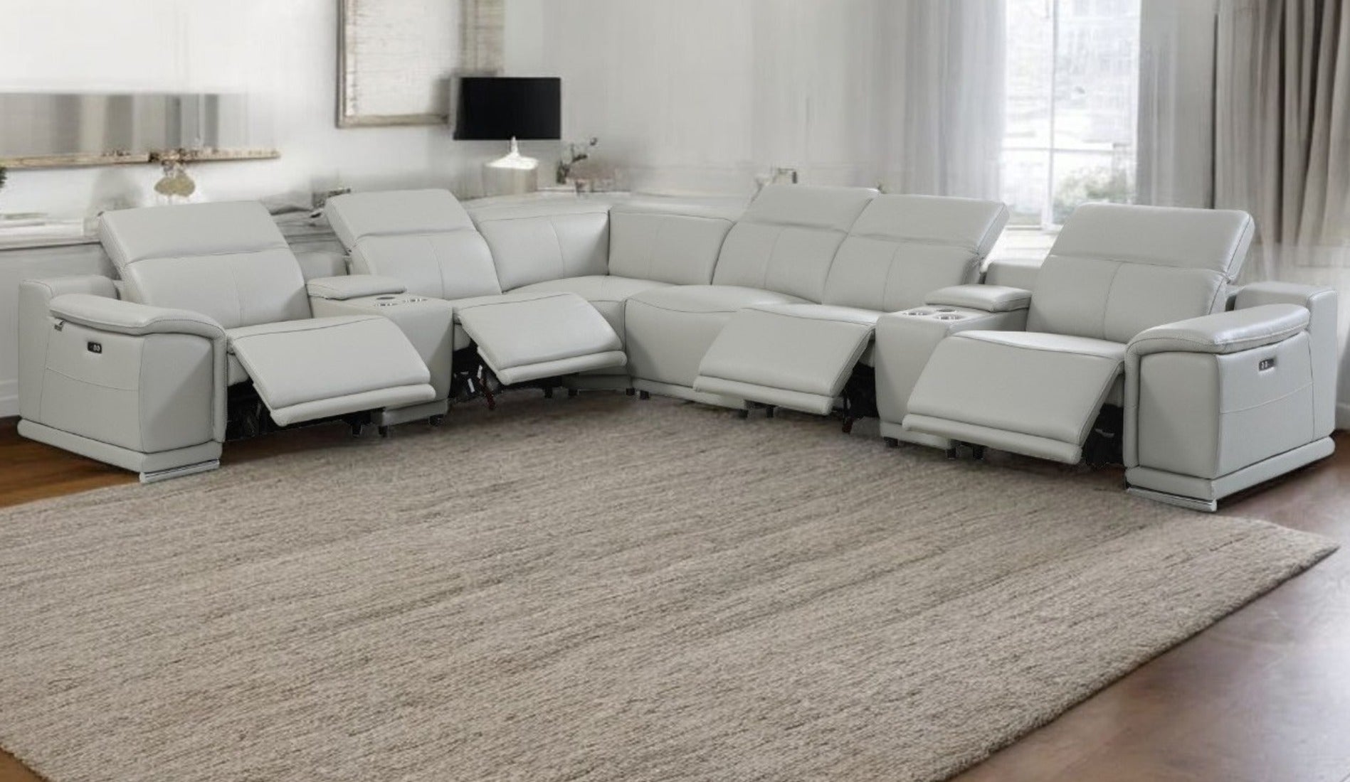 Light Gray Italian Leather Power Reclining U Shaped Eight Piece Corner Sectional With Console-Sectionals-DECOROLALA