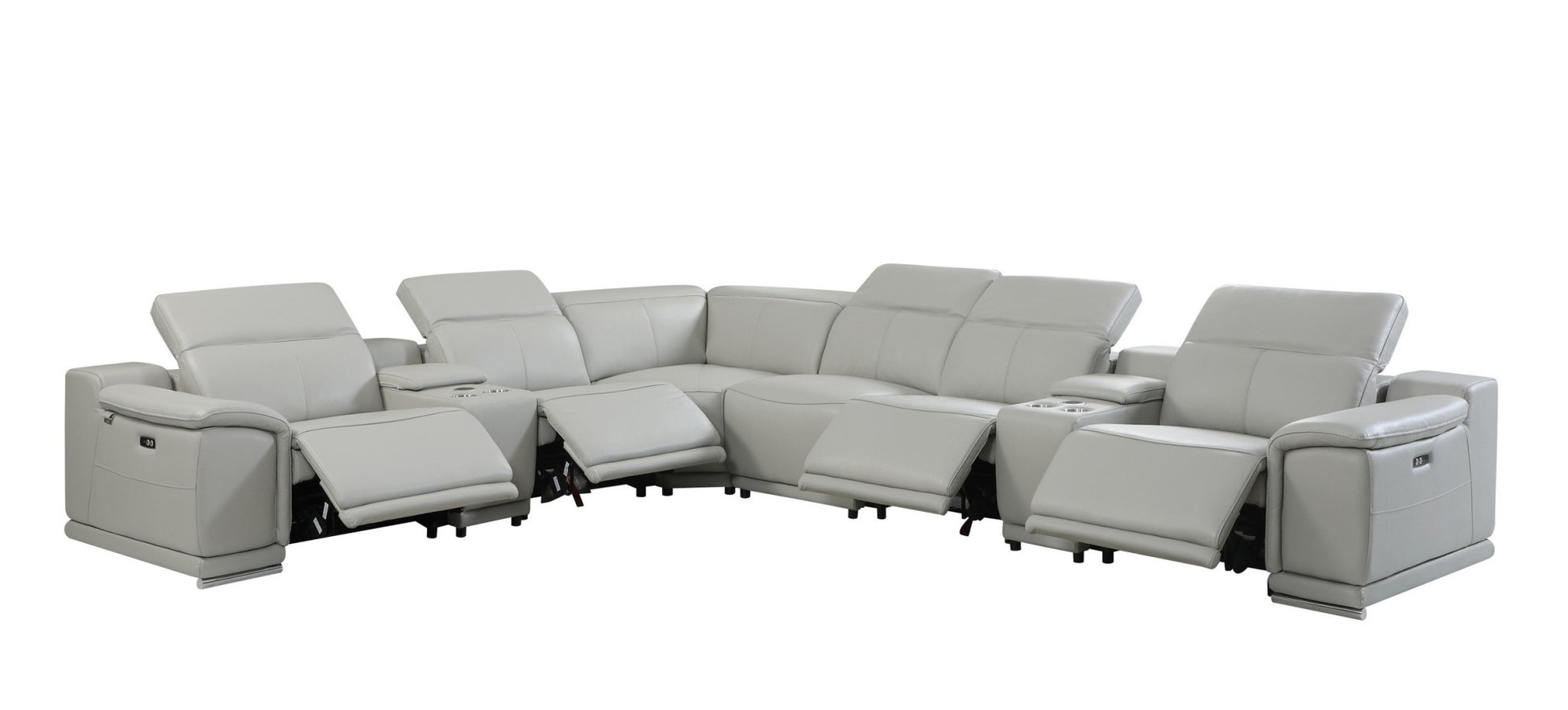 Light Gray Italian Leather Power Reclining U Shaped Eight Piece Corner Sectional With Console-Sectionals-DECOROLALA