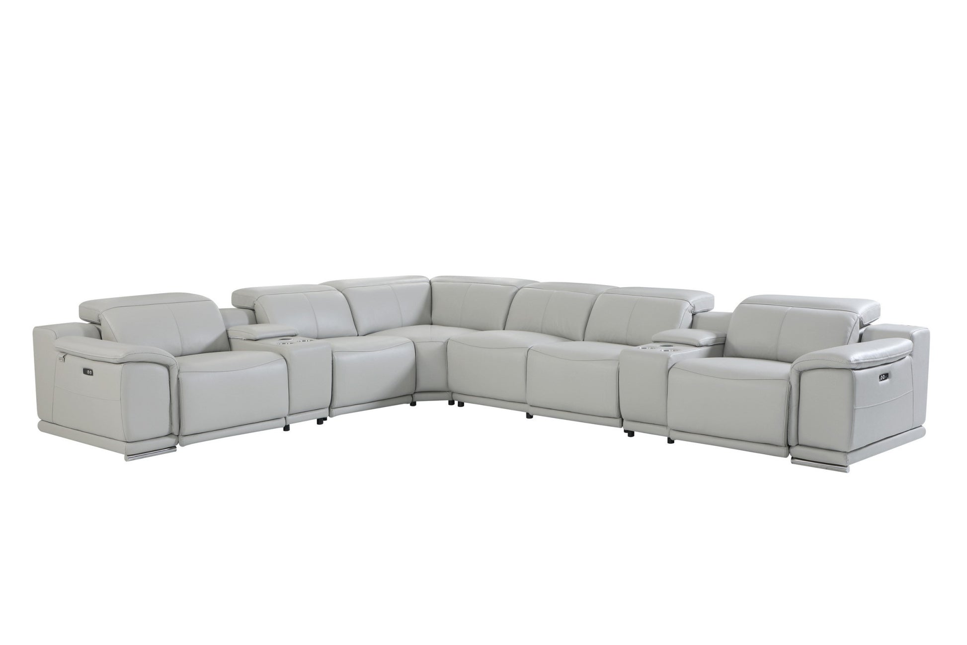 Light Gray Italian Leather Power Reclining U Shaped Eight Piece Corner Sectional With Console-Sectionals-DECOROLALA