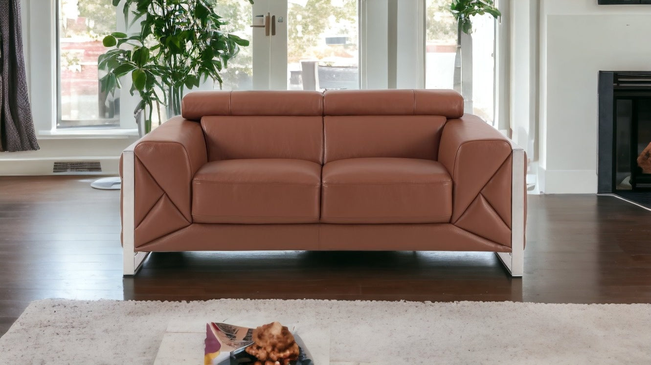 75" Camel And Silver Italian Leather Loveseat-Love Seats-DECOROLALA