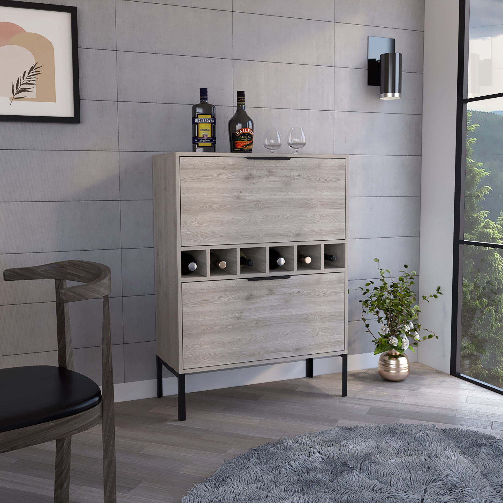 43" Light Gray and Black Wood Console Bar Cabinet With Two Doors-5