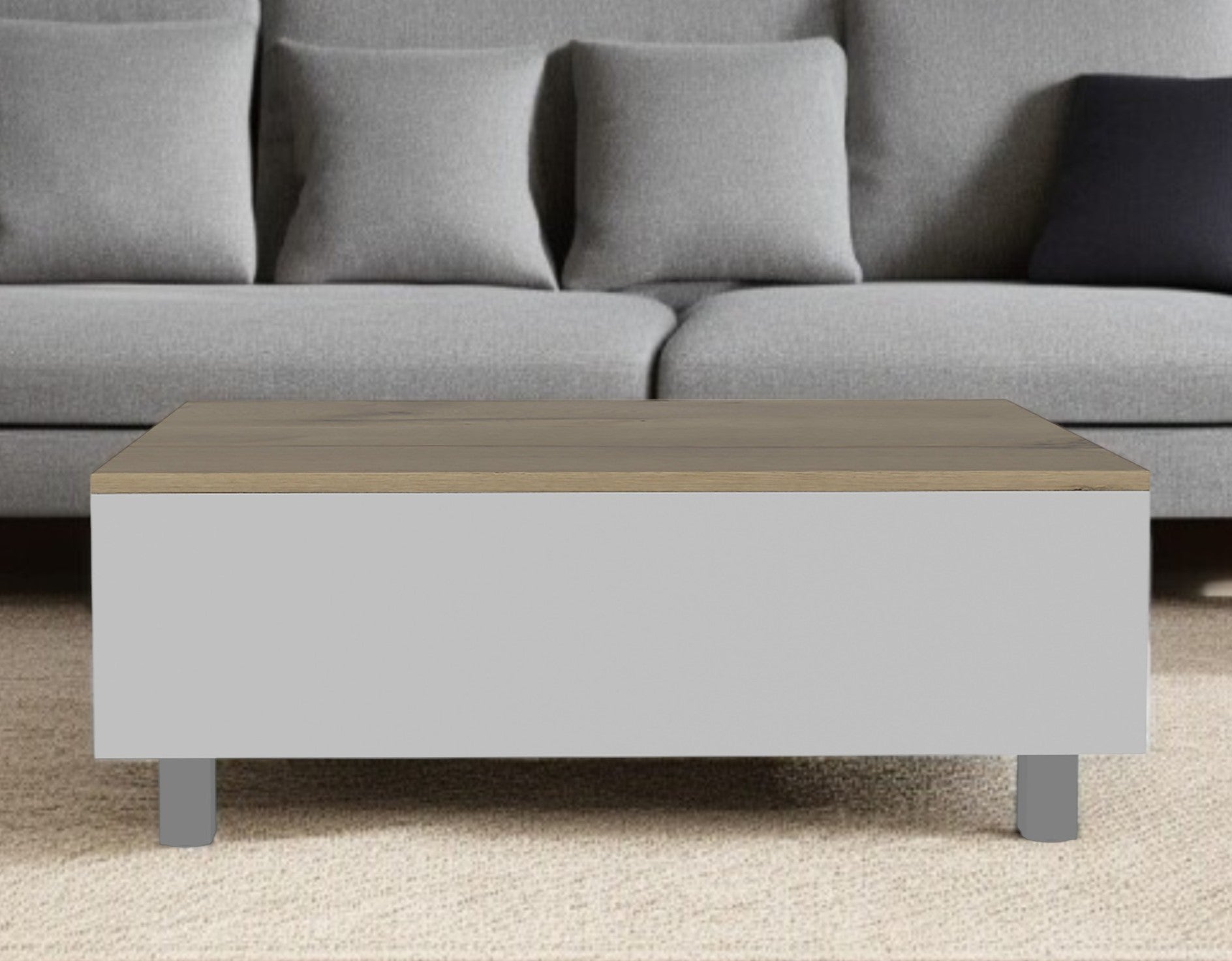 32" White And Light Oak Manufactured Wood Rectangular Lift Top Coffee Table With Drawer And Shelf-Coffee Tables-DECOROLALA