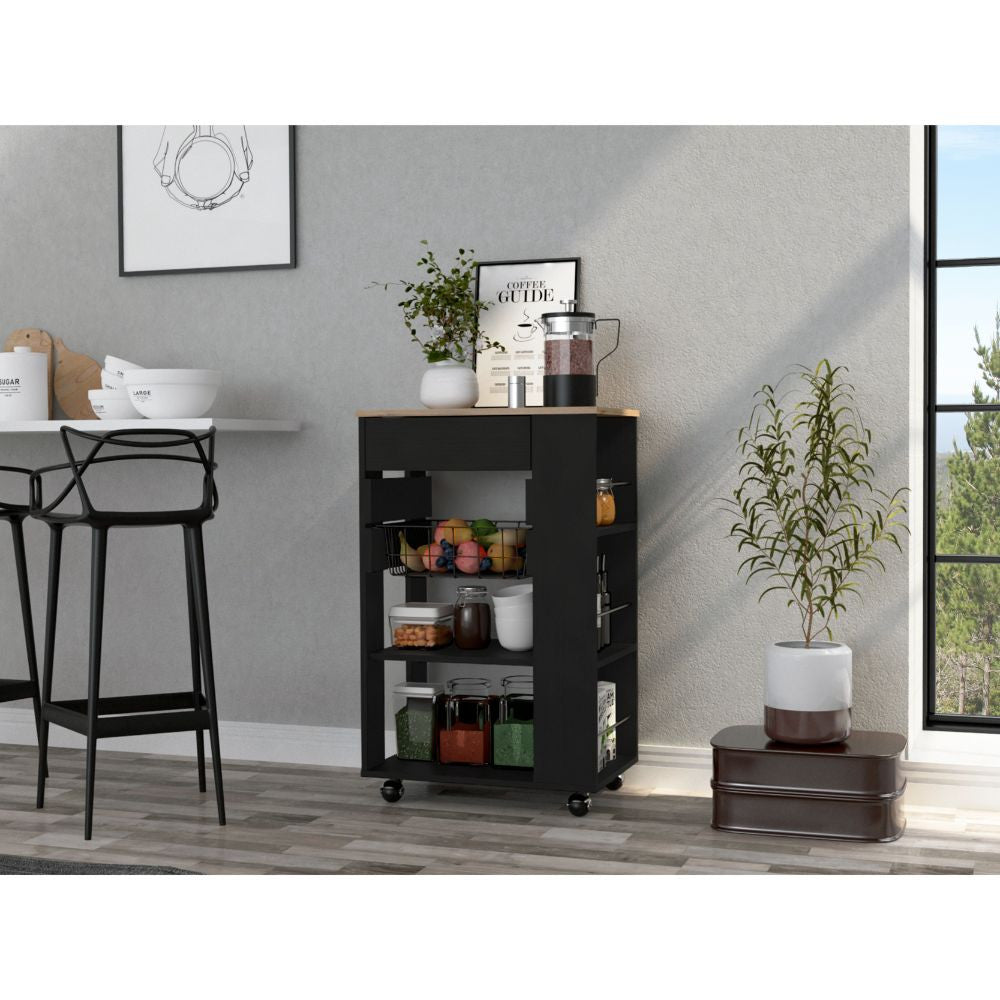 Black and Natural 22" Rolling Kitchen Cart With Storage-Kitchen Carts-Islands-DECOROLALA
