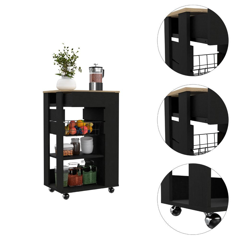 Black and Natural 22" Rolling Kitchen Cart With Storage-Kitchen Carts-Islands-DECOROLALA