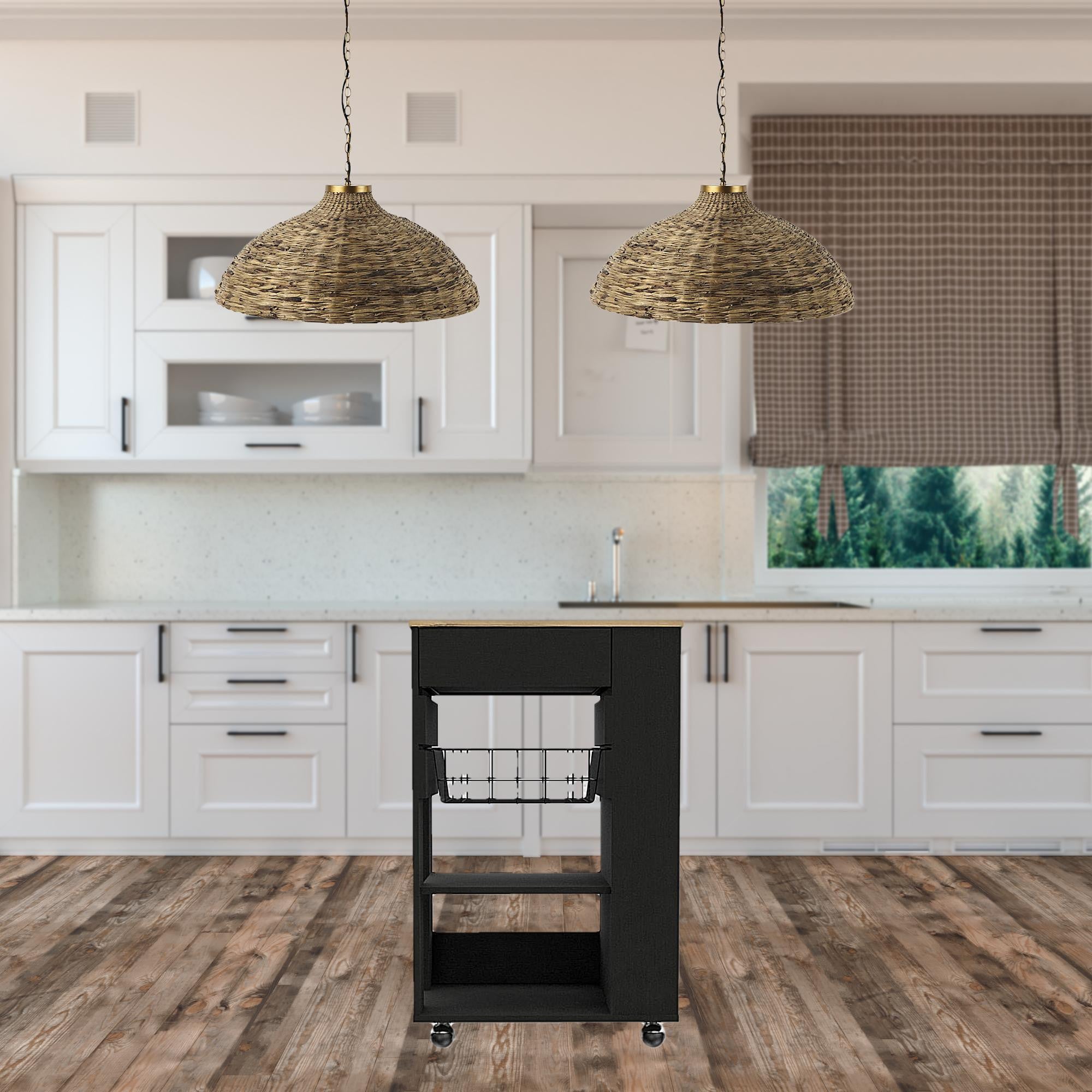 Black and Natural 22" Rolling Kitchen Cart With Storage-Kitchen Carts-Islands-DECOROLALA