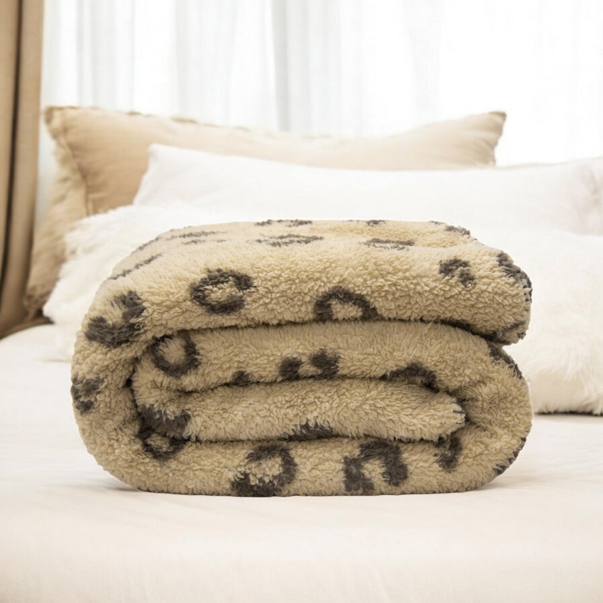 Tan Reverse and Brown Printed Sherpa and Sherpa Throw Blanket-Throws & Blankets-DECOROLALA