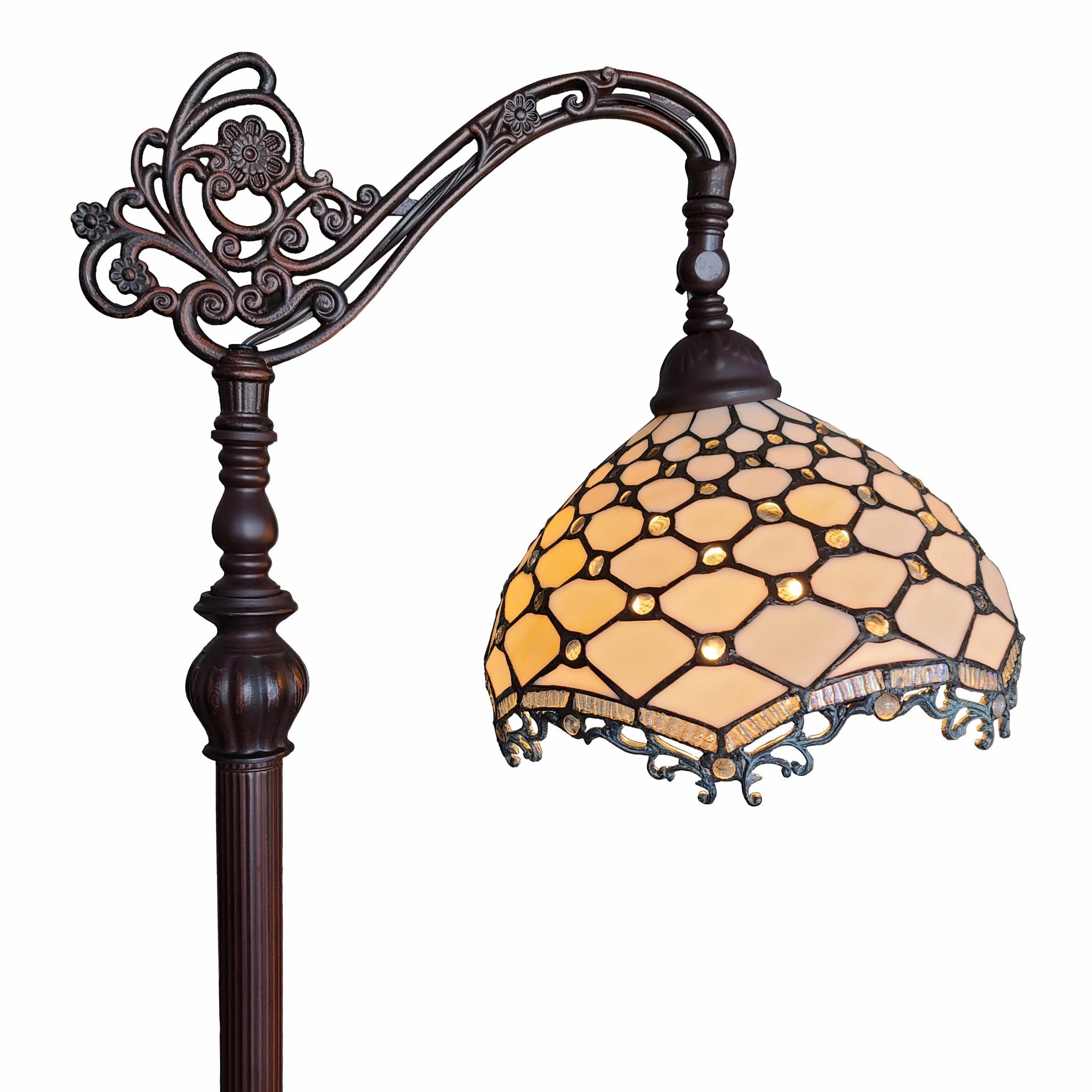 62" Brown And White Floor Lamp With White Glass Bowl Shade-Floor Lamps-DECOROLALA