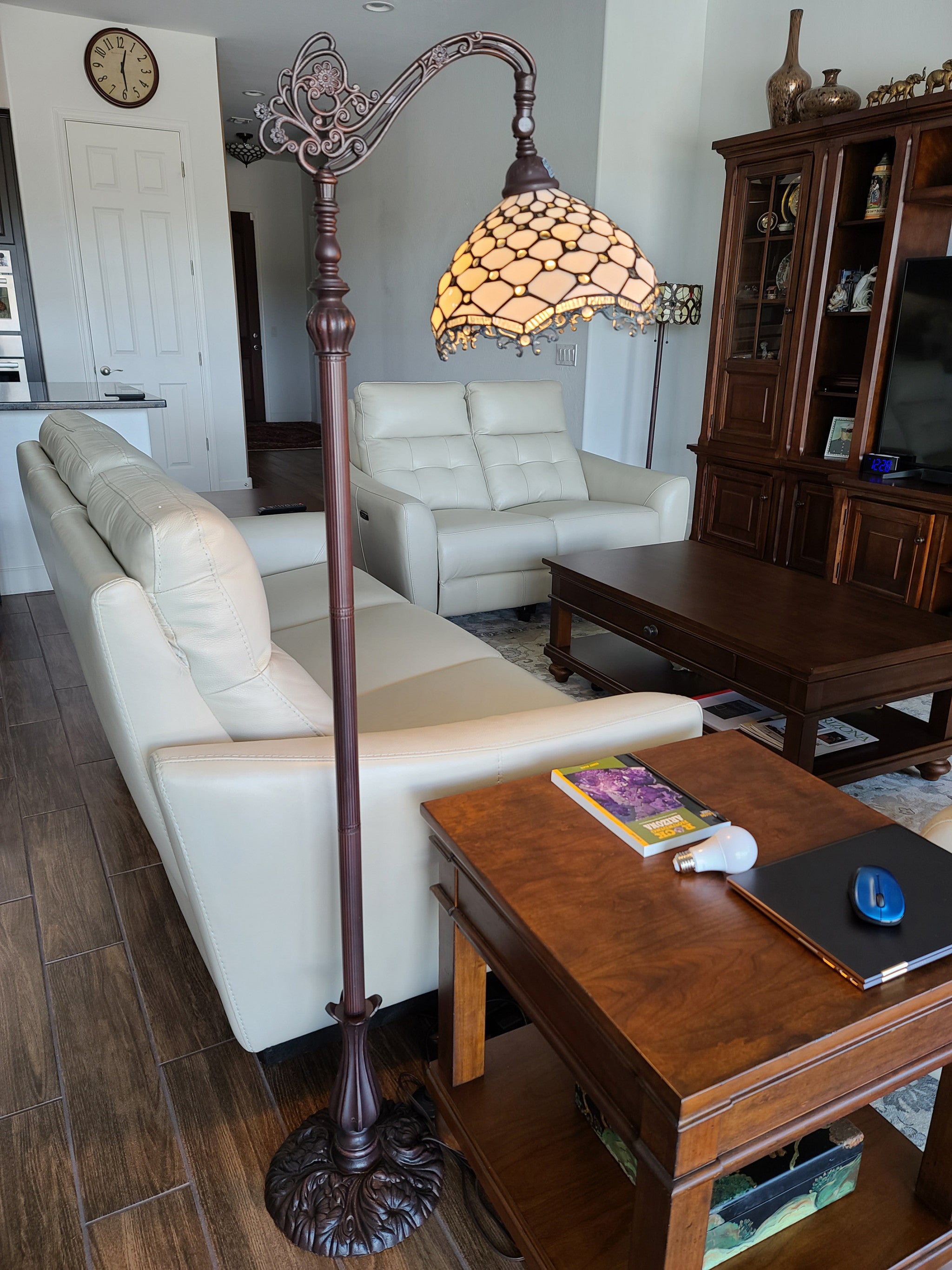 62" Brown And White Floor Lamp With White Glass Bowl Shade-Floor Lamps-DECOROLALA