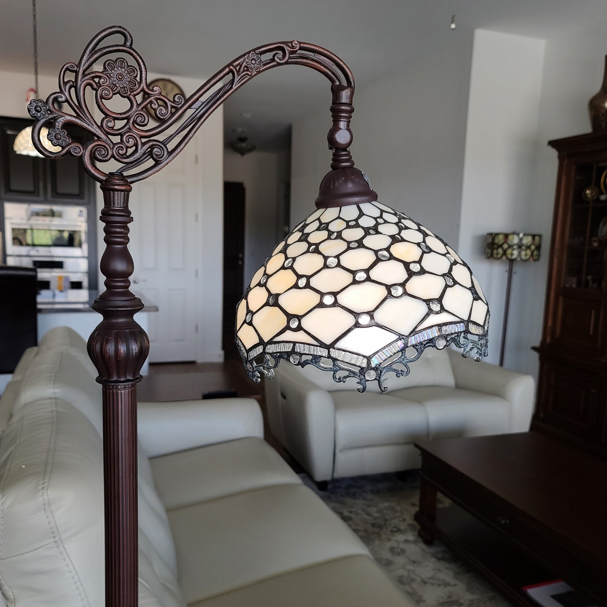 62" Brown And White Floor Lamp With White Glass Bowl Shade-Floor Lamps-DECOROLALA