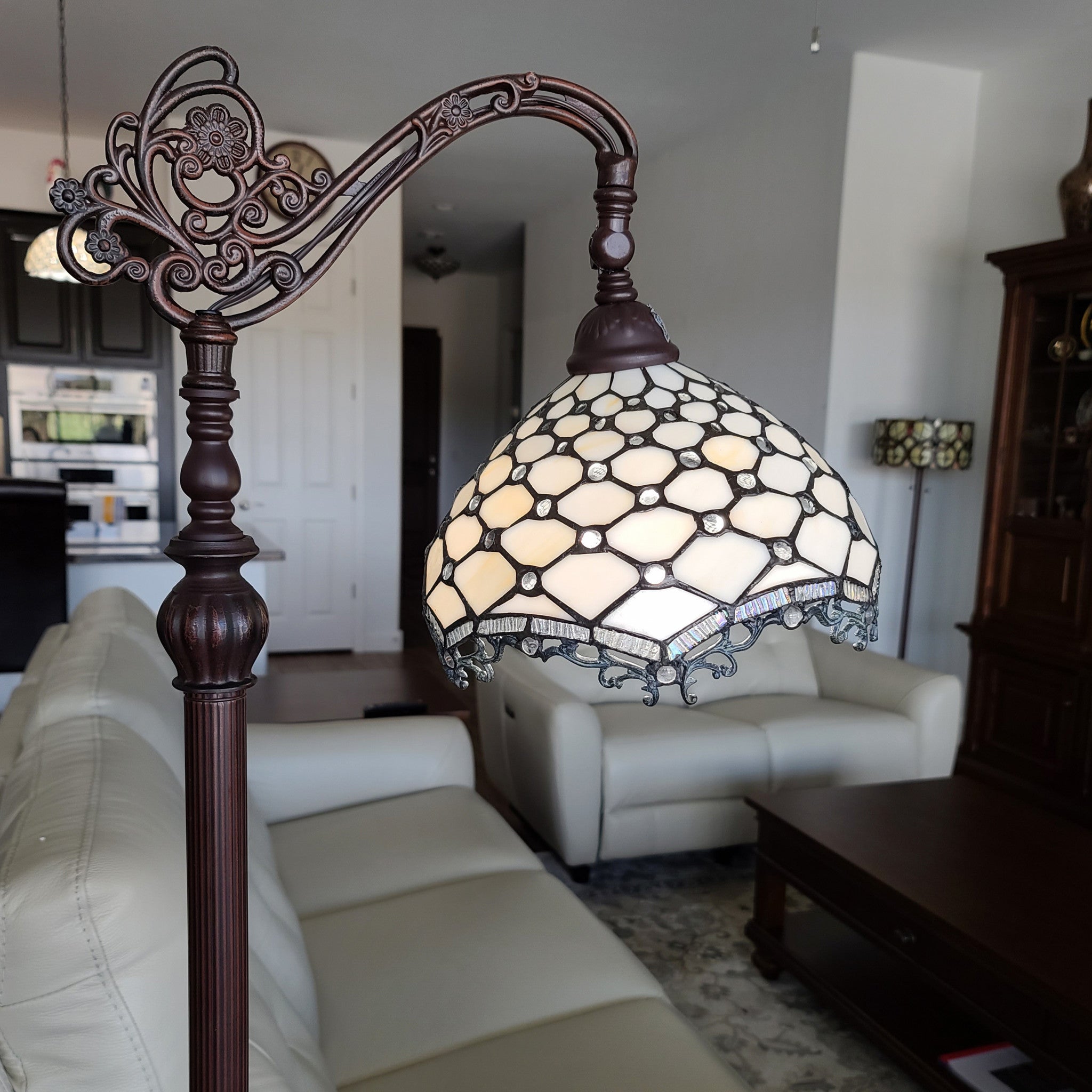 62" Brown And White Floor Lamp With White Glass Bowl Shade-Floor Lamps-DECOROLALA