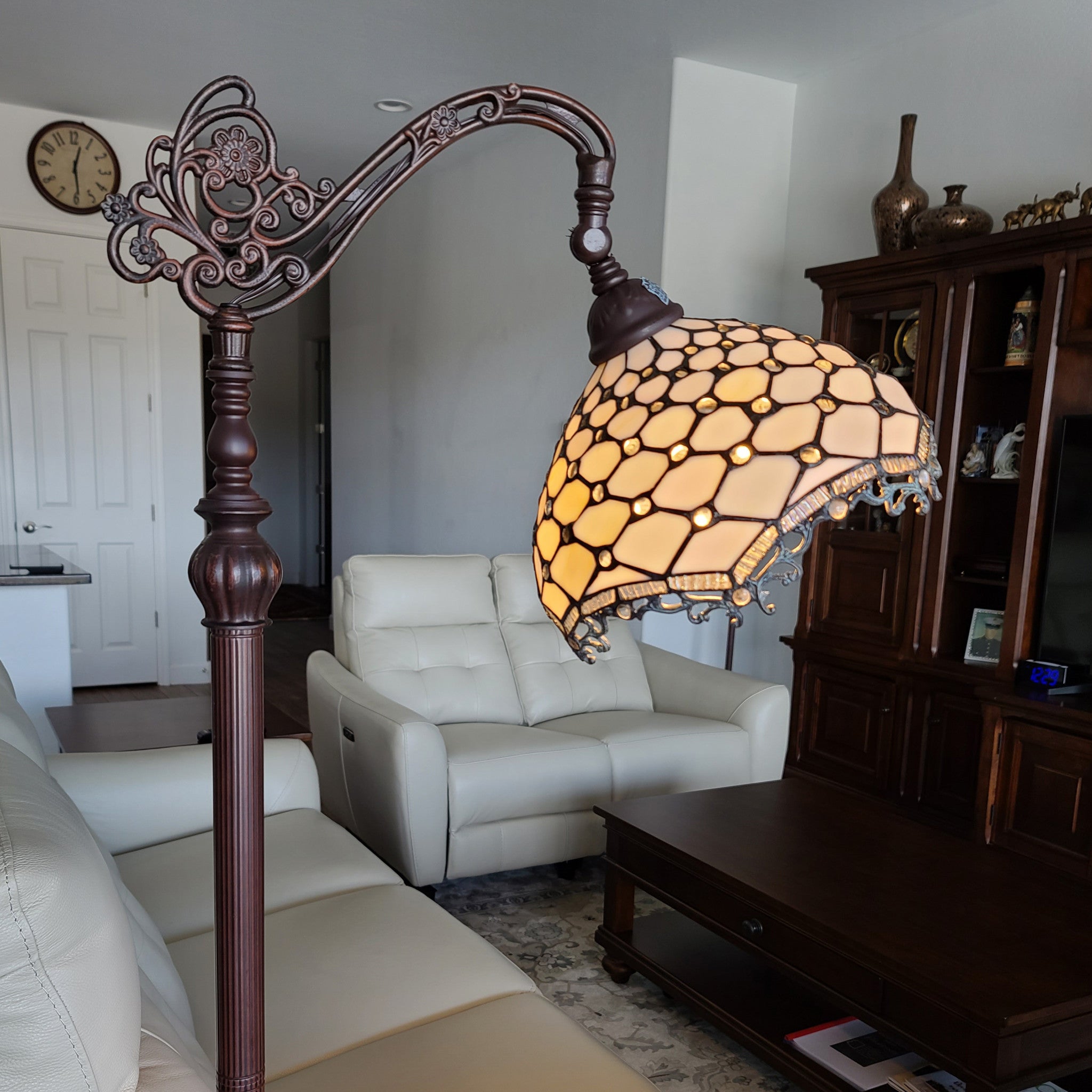 62" Brown And White Floor Lamp With White Glass Bowl Shade-Floor Lamps-DECOROLALA