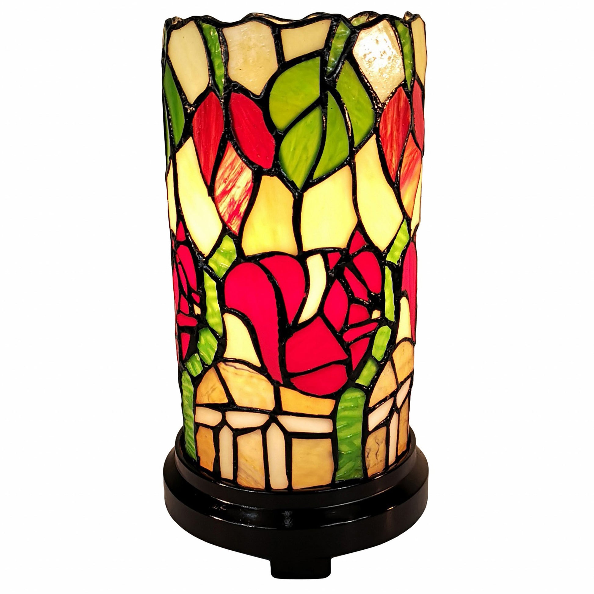 14" Red Green and Black Floral Stained Glass Accent Lamp-Table Lamps-DECOROLALA
