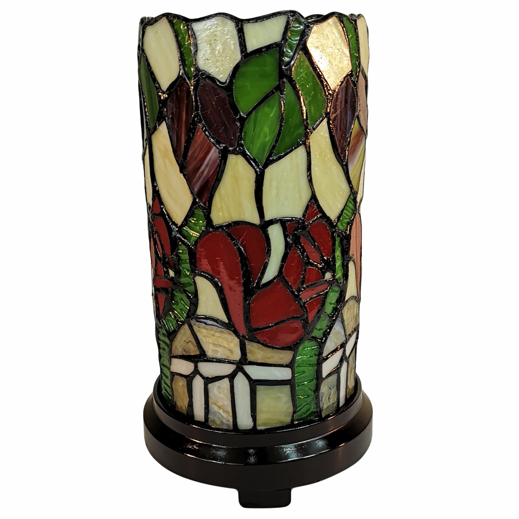14" Red Green and Black Floral Stained Glass Accent Lamp-Table Lamps-DECOROLALA
