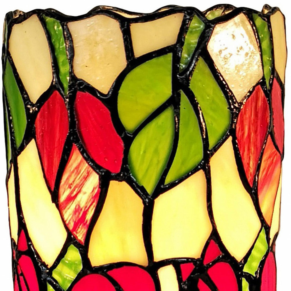 14" Red Green and Black Floral Stained Glass Accent Lamp-Table Lamps-DECOROLALA