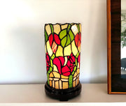 14" Red Green and Black Floral Stained Glass Accent Lamp-Table Lamps-DECOROLALA
