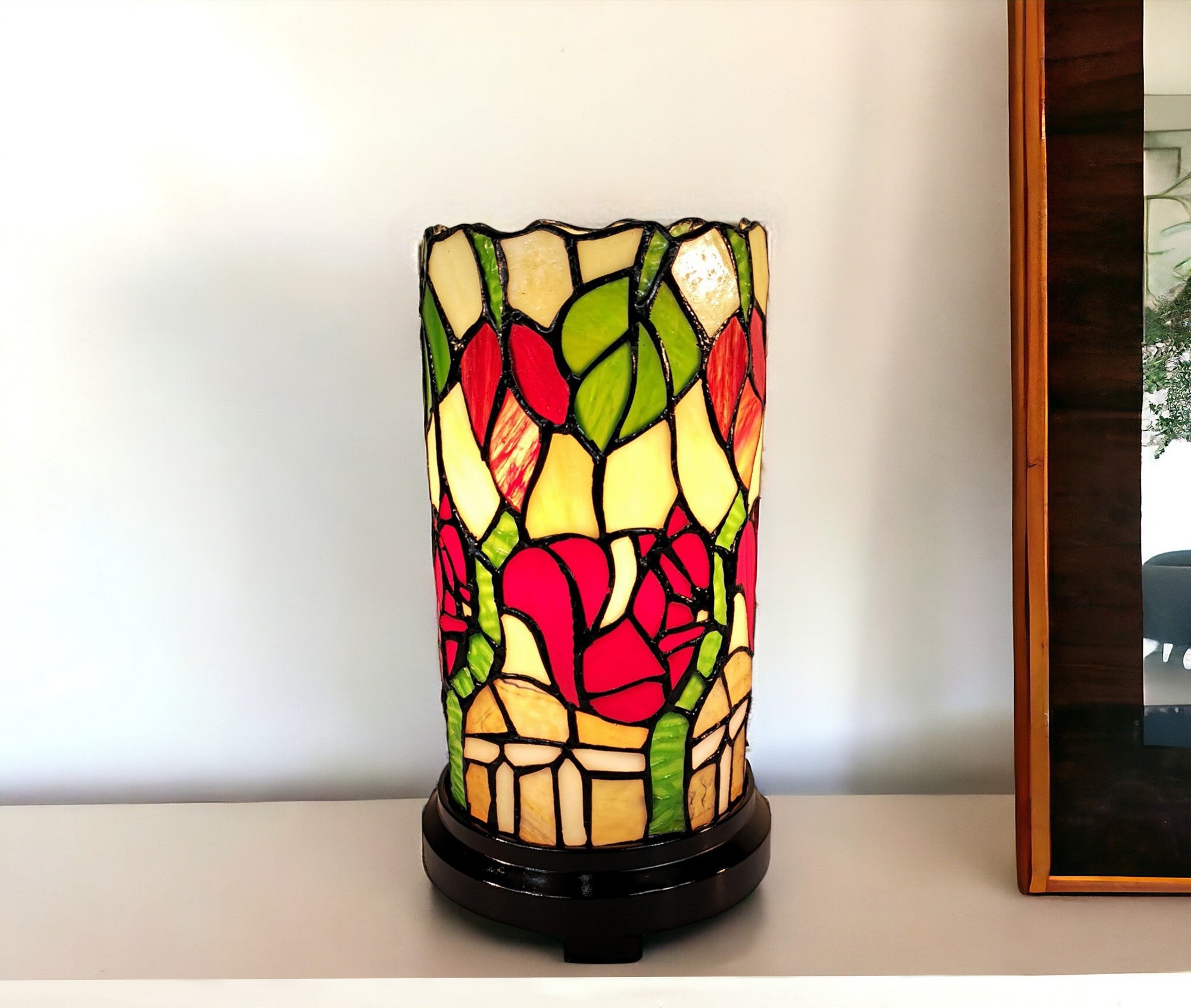 14" Red Green and Black Floral Stained Glass Accent Lamp-Table Lamps-DECOROLALA