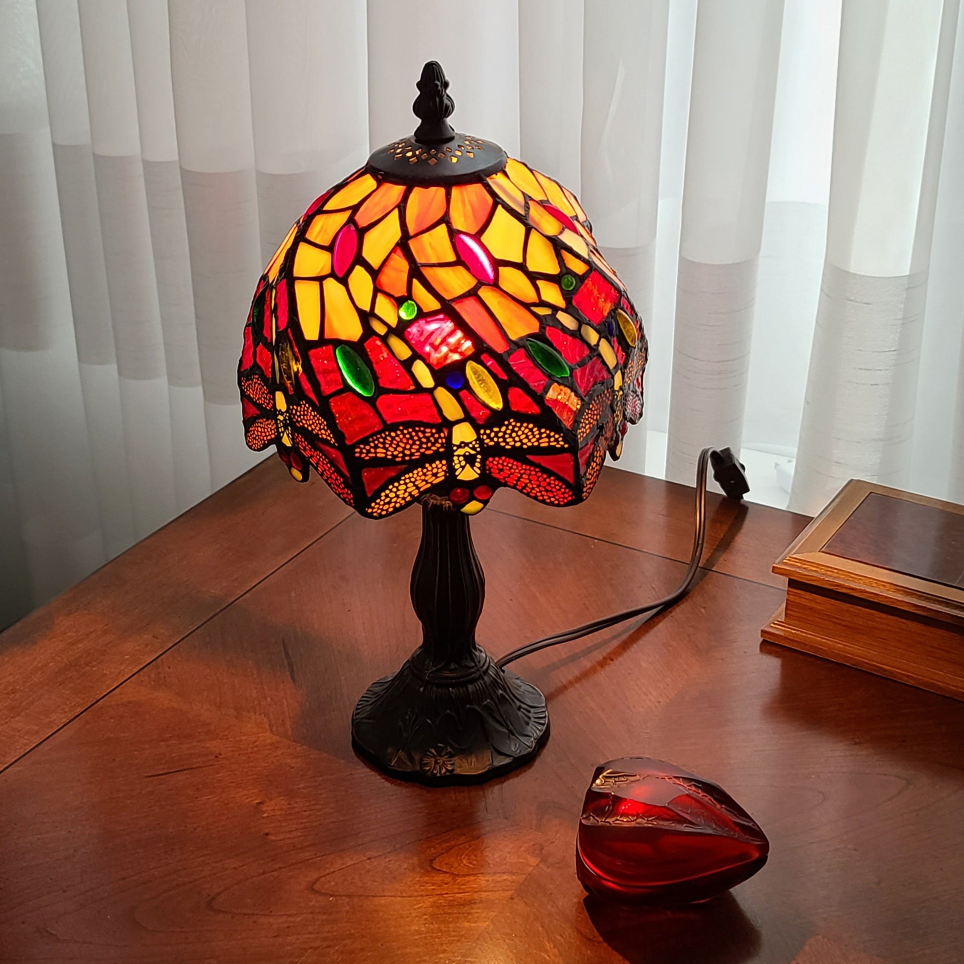 15" Dark Brown Metal Candlestick Table Lamp With Red and Black Novelty Shade-Table Lamps-DECOROLALA