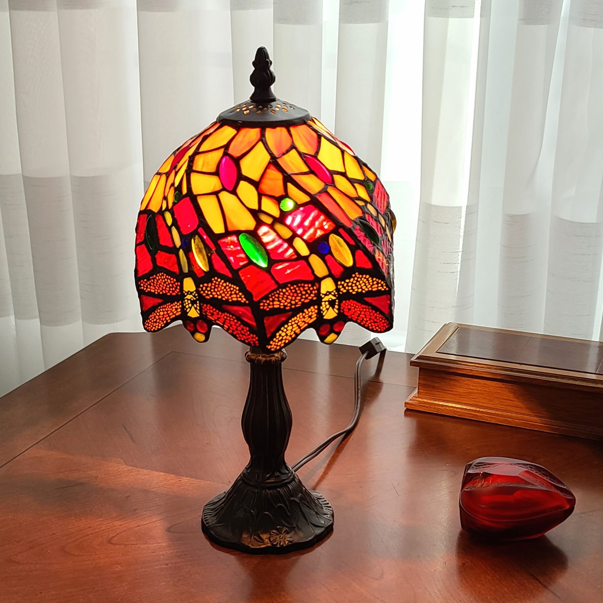 15" Dark Brown Metal Candlestick Table Lamp With Red and Black Novelty Shade-Table Lamps-DECOROLALA