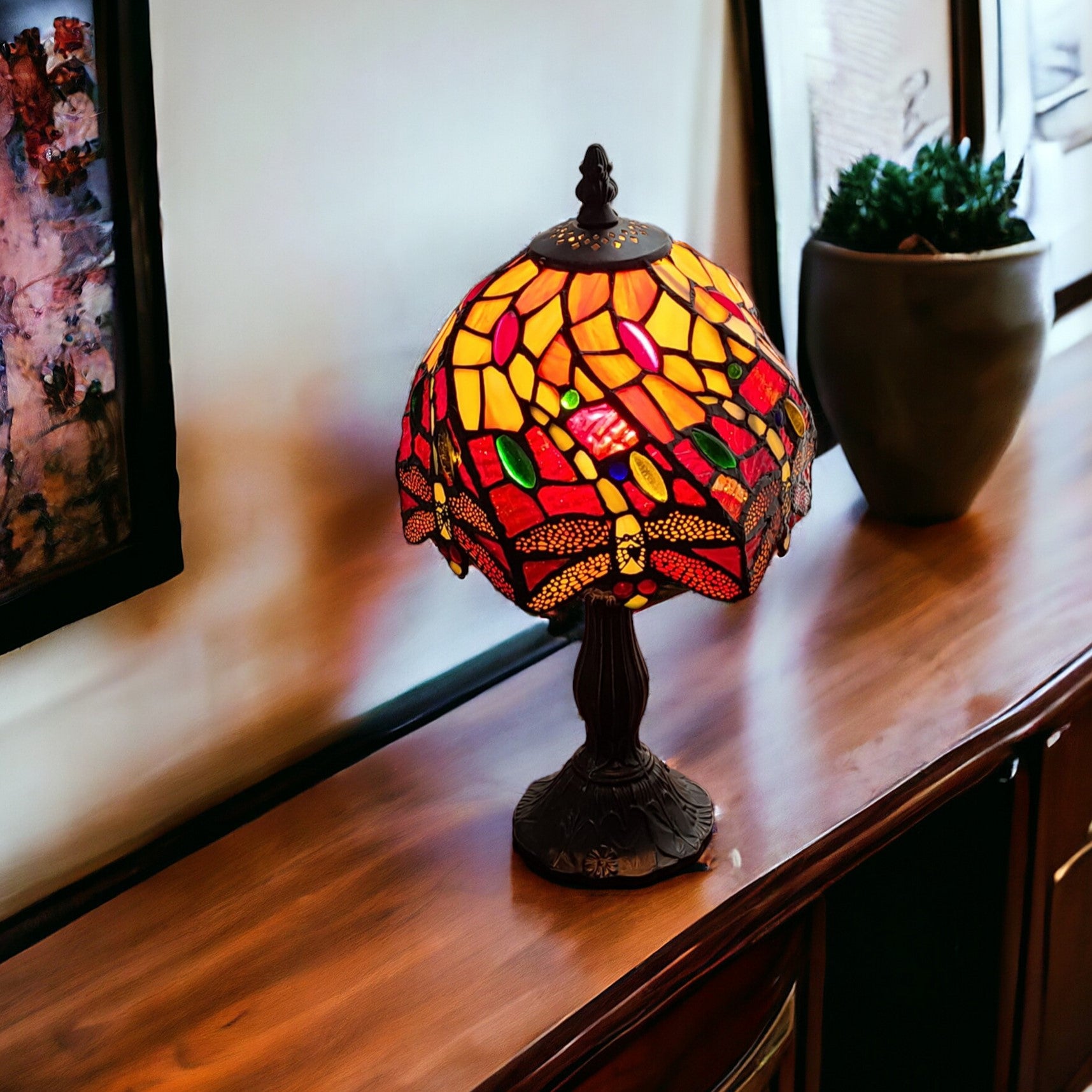 15" Dark Brown Metal Candlestick Table Lamp With Red and Black Novelty Shade-Table Lamps-DECOROLALA