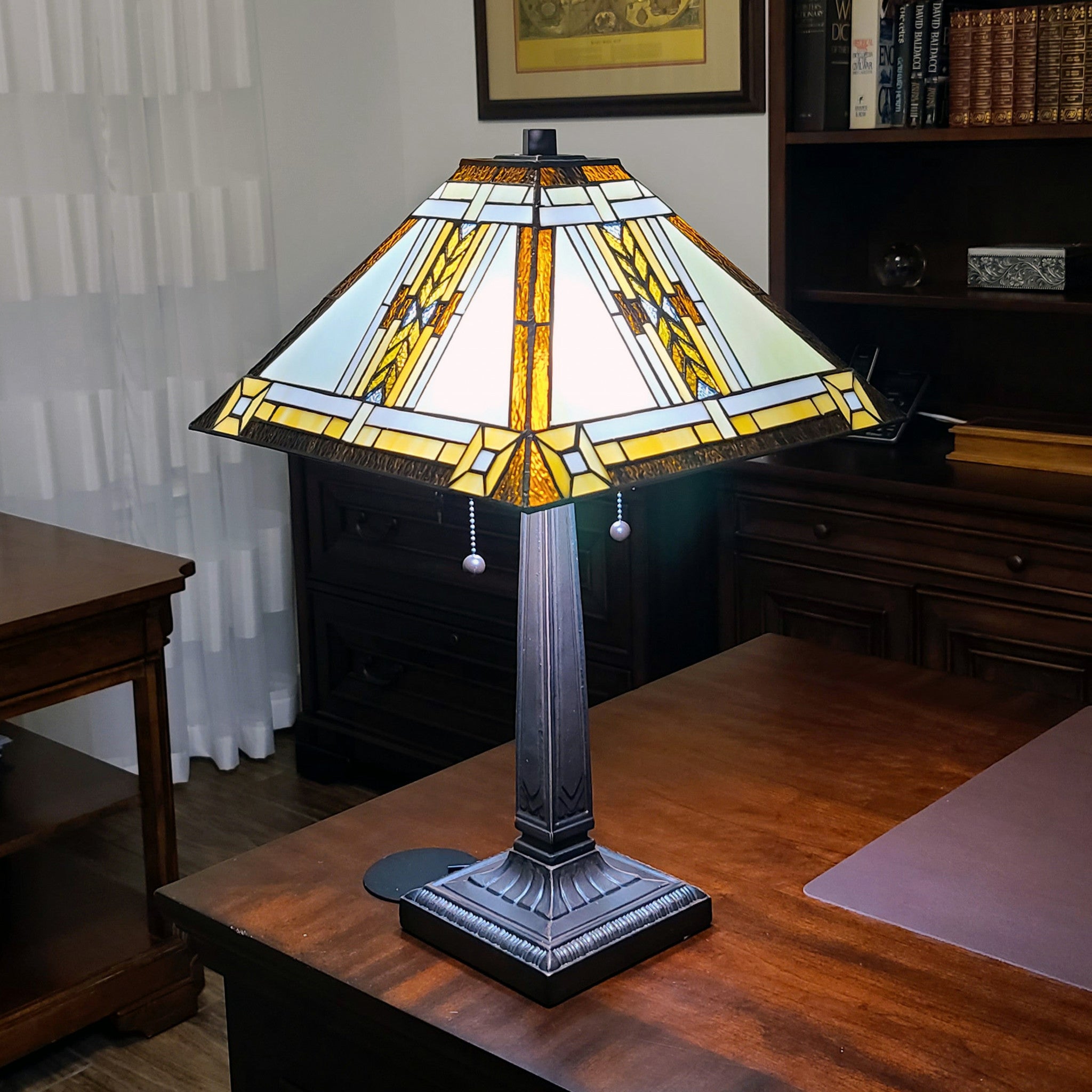 22" Dark Brown Metal Two Light Candlestick Table Lamp With Beige Shade-Table Lamps-DECOROLALA